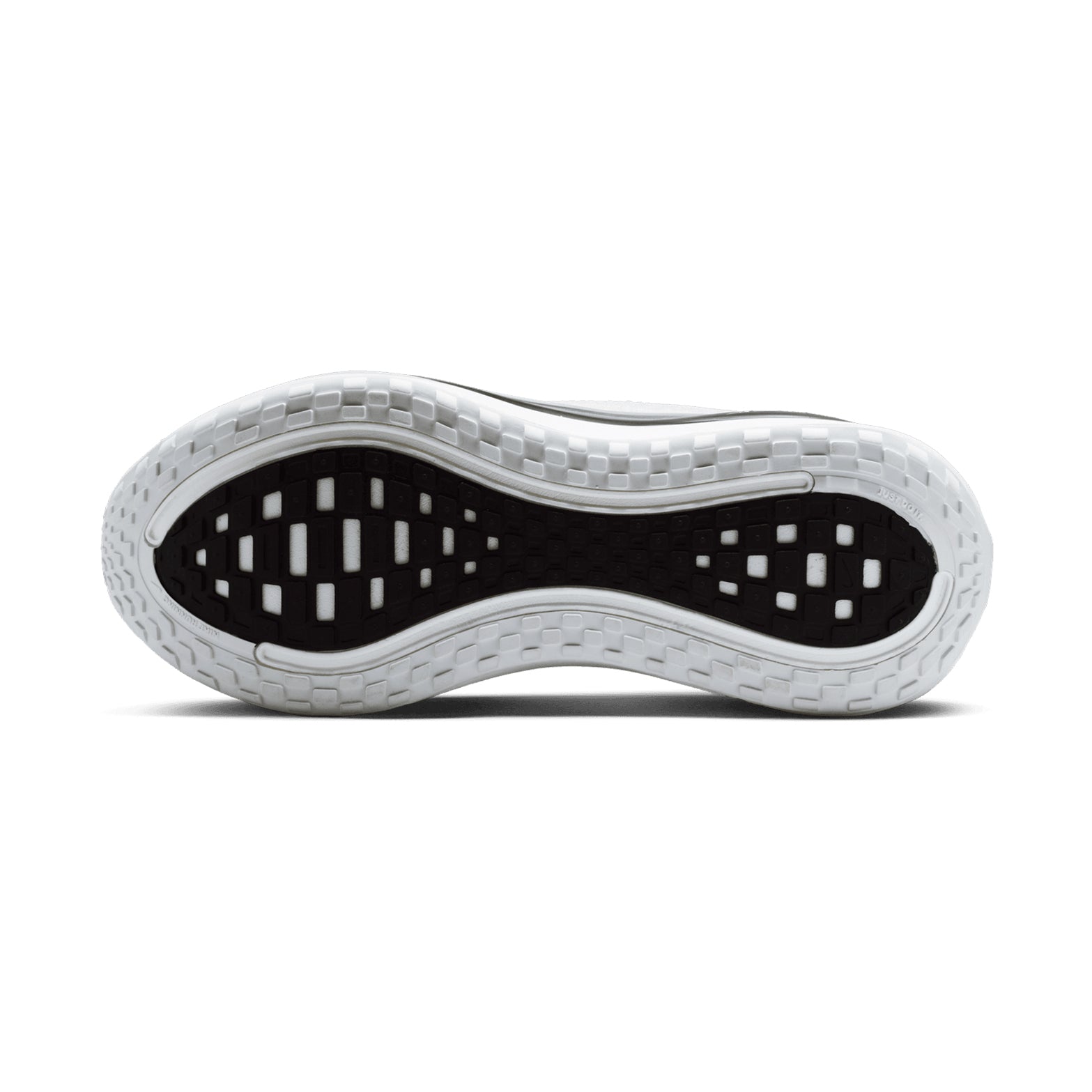 Nike Vomero Plus men's running shoe in White / Metallic Silver / Black — outsole view showing high-abrasion rubber tread pattern in key wear zones and white full-length ZoomX foam midsole stack