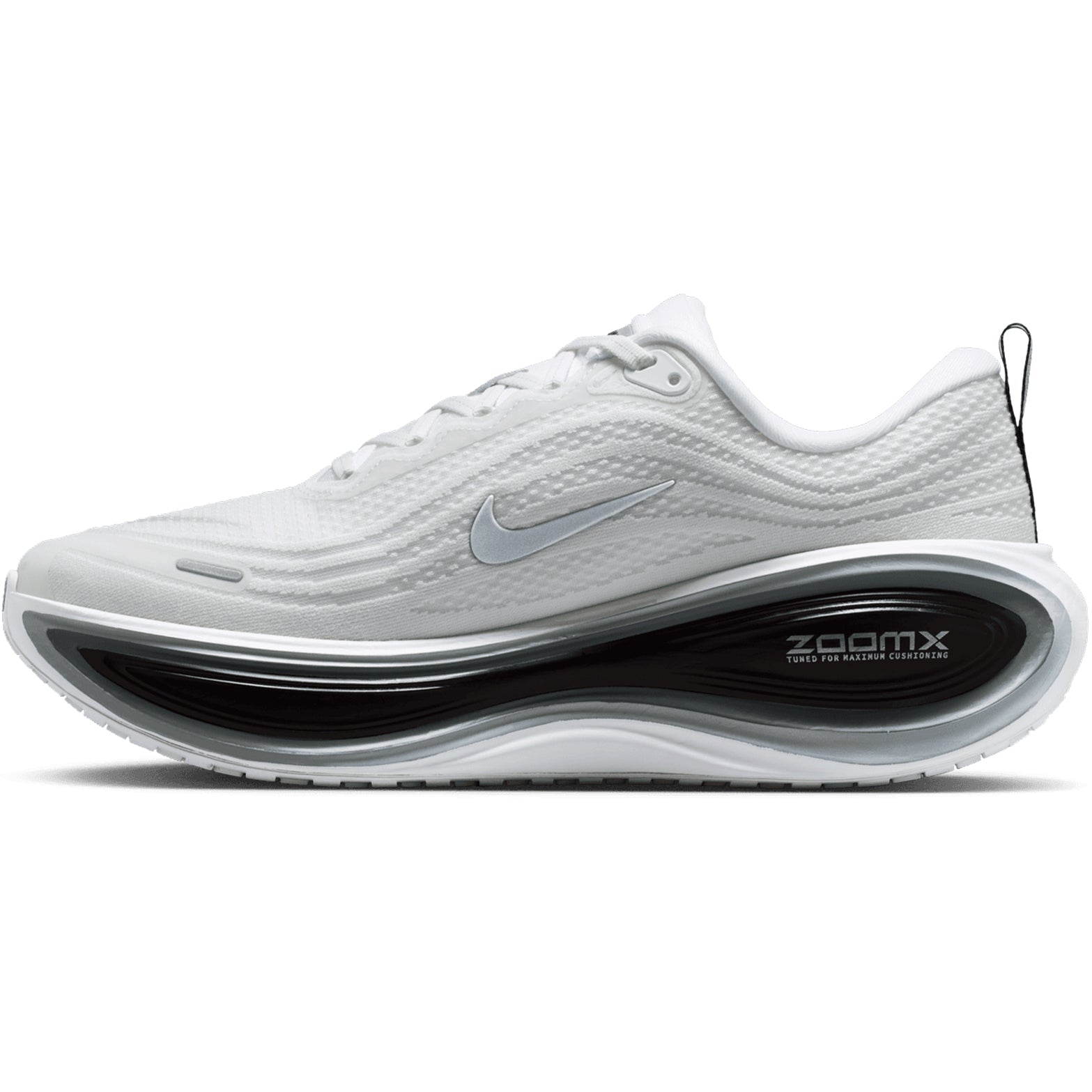 Nike Vomero Plus men's running shoe in White / Metallic Silver / Black — inner view showing white engineered mesh upper, black midsole detailing, webbed lace loops and high-abrasion rubber outsole construction