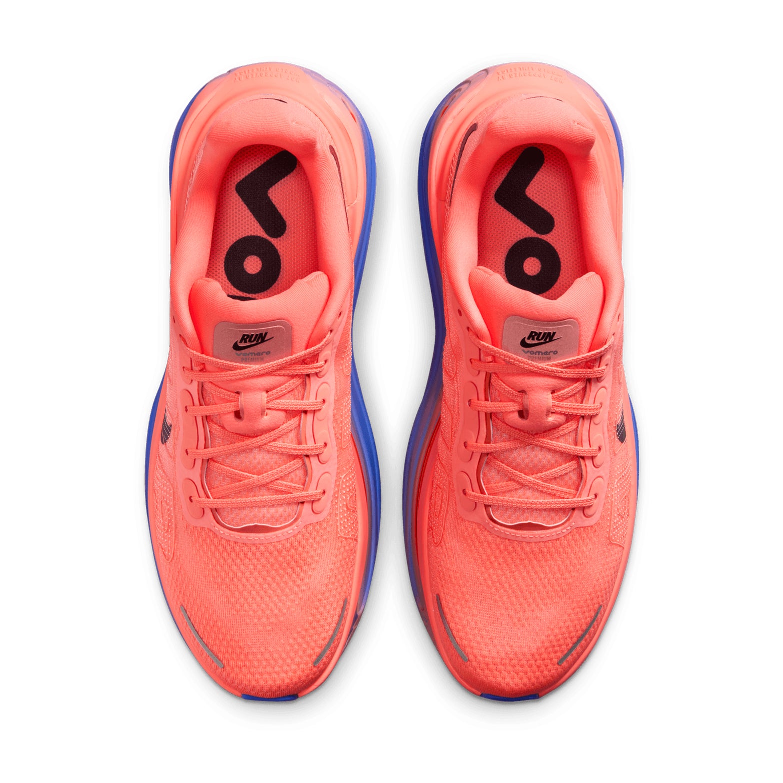 Men's Nike Vomero Premium Running Shoes Atomic Pink Racer Blue top view showing engineered mesh upper with lightweight breathable construction for daily road running