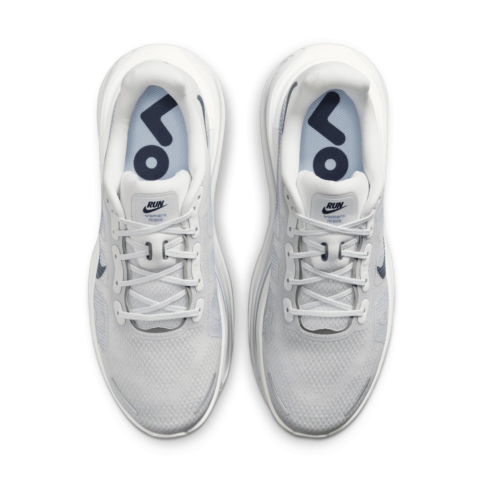 Men's Nike Vomero Premium Running Shoes Off-White Grey Fog Wolf Grey Dark Obsidian top view showing engineered mesh upper with lightweight breathable construction for daily road running