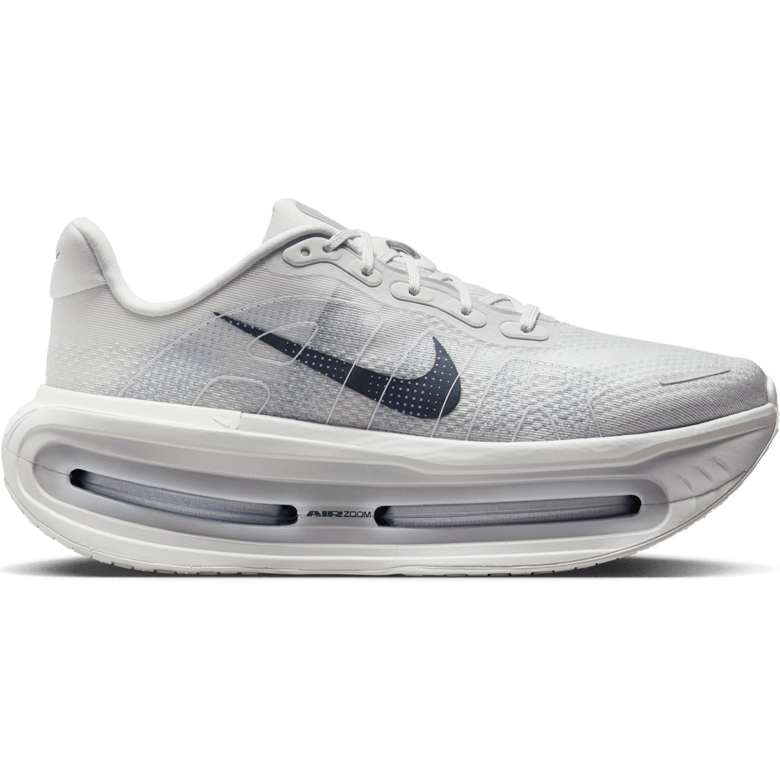 Men's Nike Vomero Premium Running Shoes Off-White Grey Fog Wolf Grey Dark Obsidian outer side view showing dual Air Zoom units with full-length ZoomX foam for maximum cushioned daily running