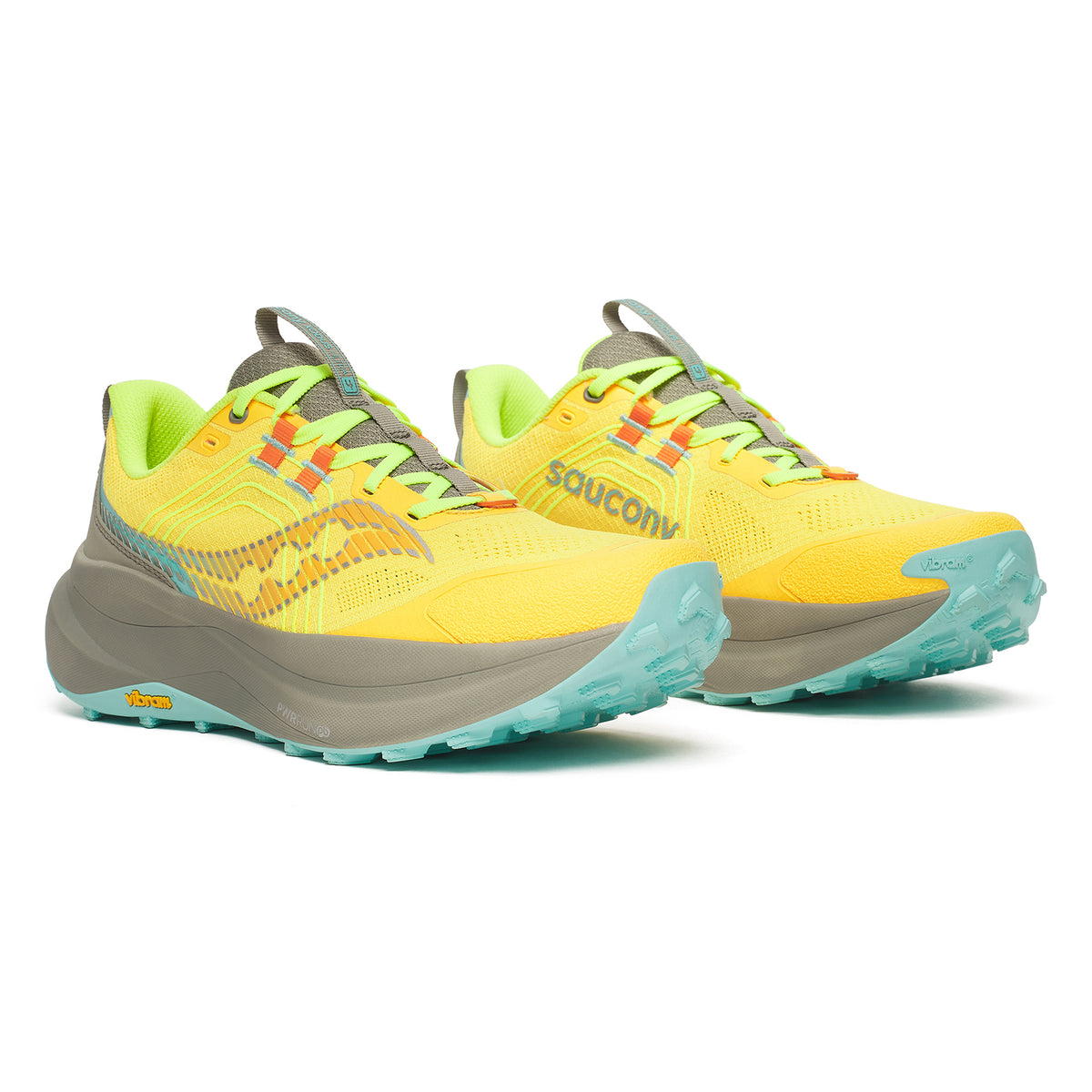 A pair of yellow Saucony running shoes with light blue soles, gray and green accents, and orange detailing, displayed on a white background.