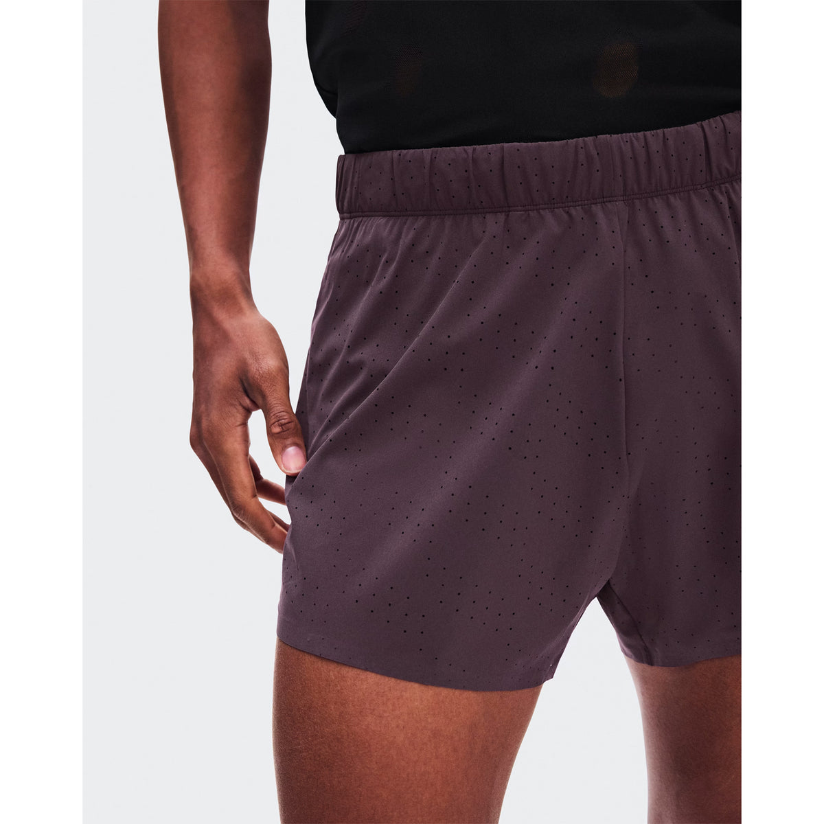 Men's On Zero Shorts Urchin close-up of stretch-woven perforated outer showing ventilation construction for improved airflow during race pace and sustained training efforts