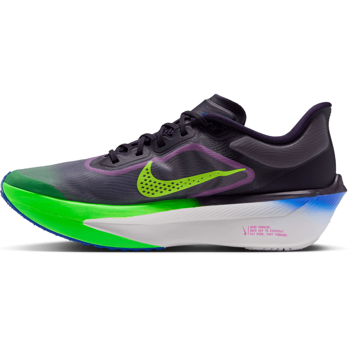 Introducing the Nike Men’s Zoom Fly 6 RSG Running Shoes in Purple Dynasty, Volt, and Fuchsia Dream. Designed with a dark upper accented by a vibrant neon green swoosh, these performance running shoes feature a striking green and blue sole paired with a crisp white midsole. The sleek, aerodynamic silhouette is engineered for speed, incorporating responsive ZoomX foam cushioning and a carbon fibre plate to deliver exceptional energy return and propulsion on every stride.