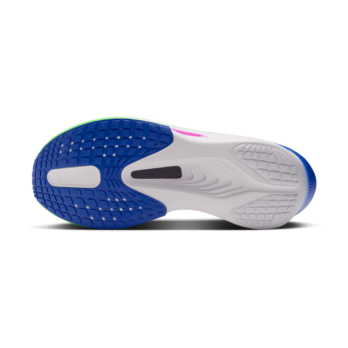 The image displays the sole of the Nike Men’s Zoom Fly 6 RSG Running Shoes in Purple Dynasty, Volt, and Fuchsia Dream, showcasing multicolored tread patterns with textured grip and visible arch support. The design features ZoomX foam cushioning and a carbon fibre plate for improved performance and comfort.
