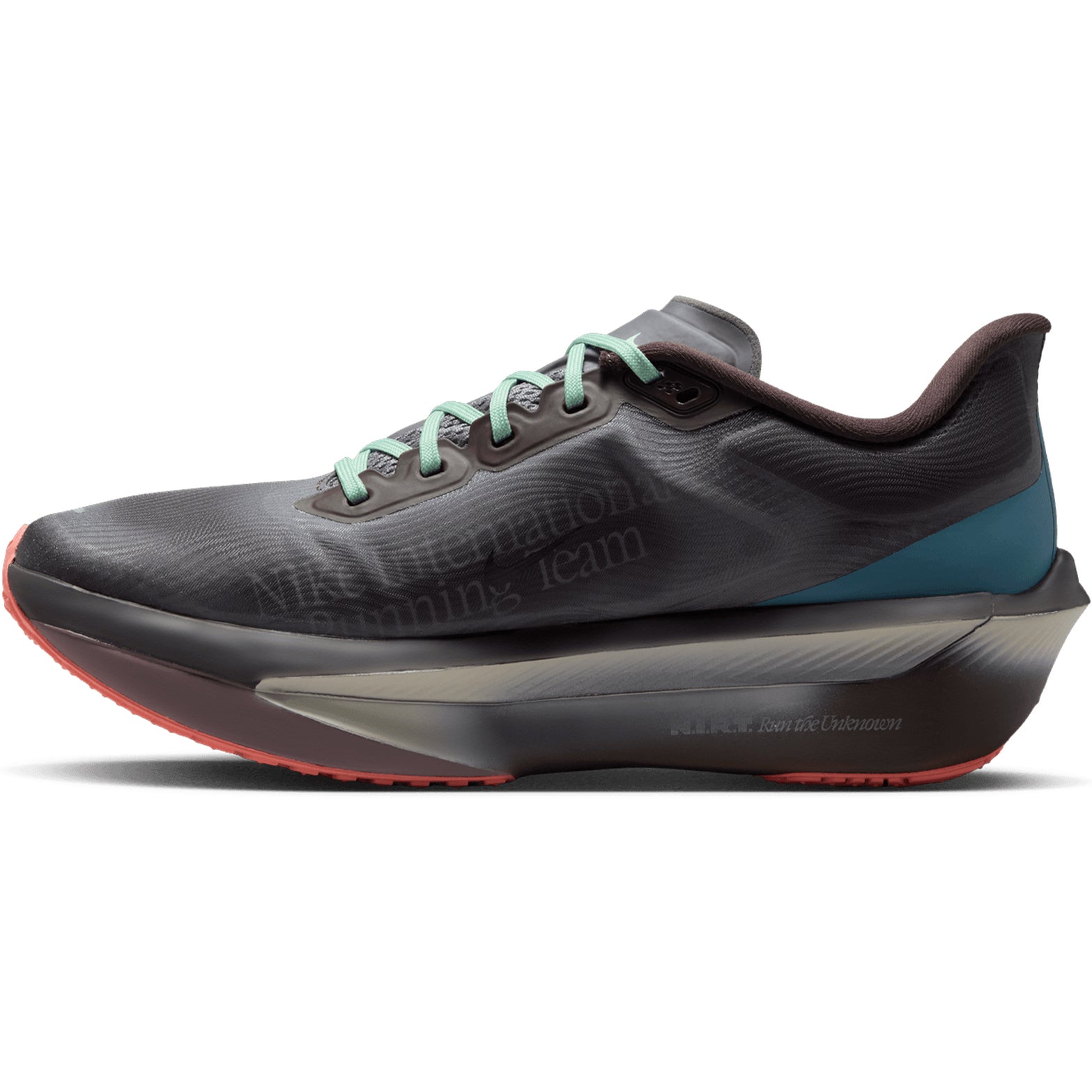 Men's Nike Zoom Fly 6 Running Shoes Baroque Brown Smoke Grey Ironstone Black inner side view showing carbon plate with ReactX cushioning for race day and training performance