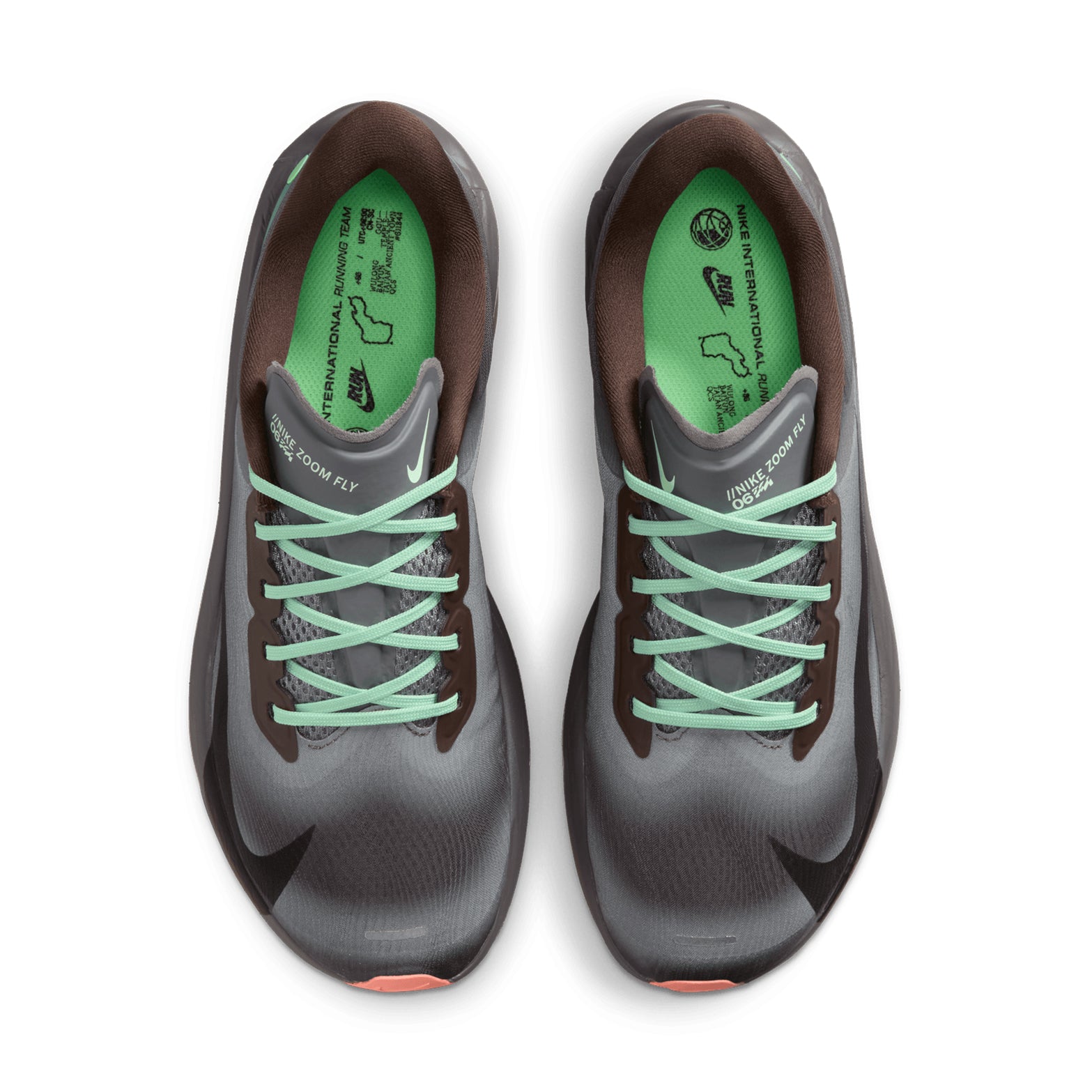 Men's Nike Zoom Fly 6 Running Shoes Baroque Brown Smoke Grey Ironstone Black top view showing lightweight breathable upper construction with carbon-plated racing design