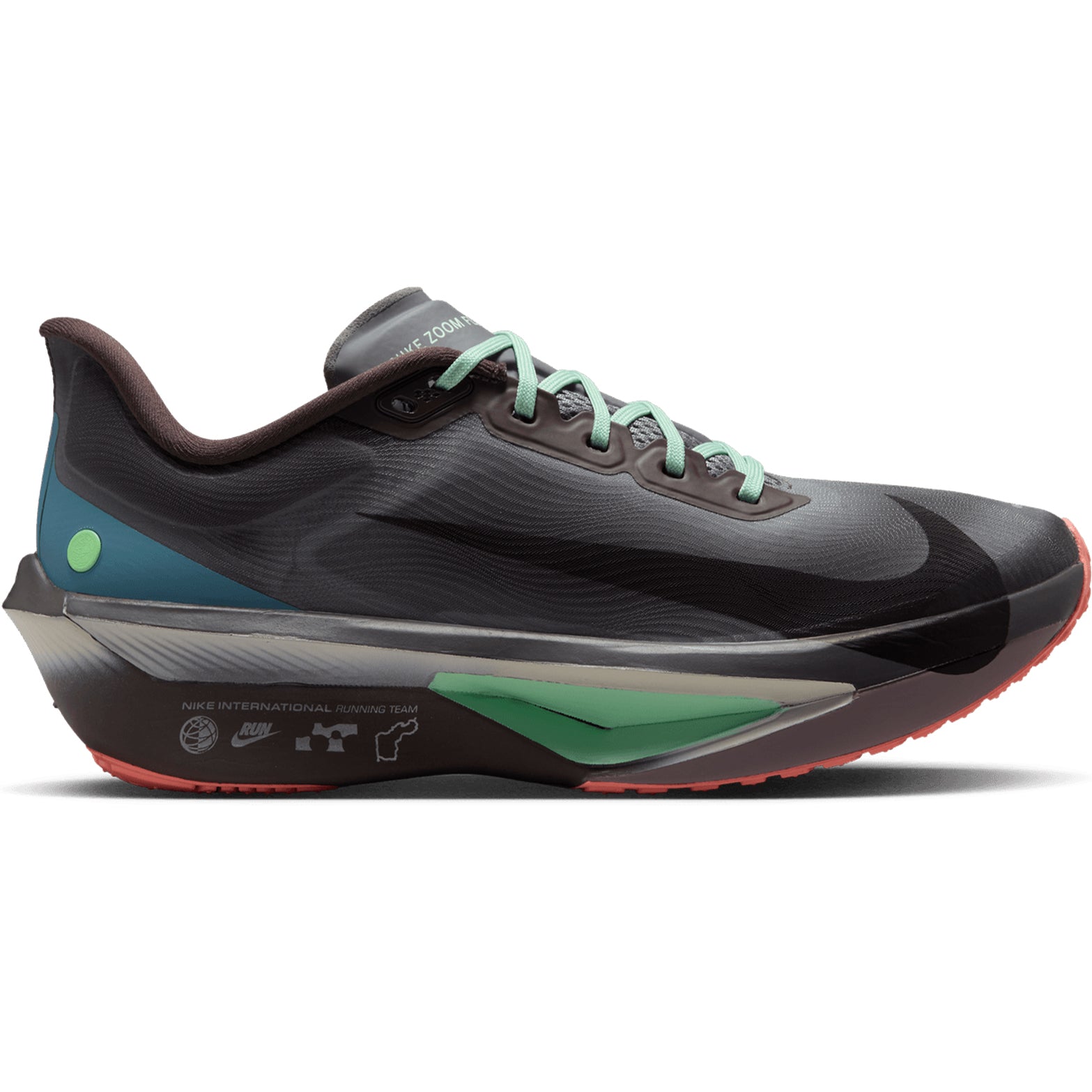 Men's Nike Zoom Fly 6 Running Shoes Baroque Brown Smoke Grey Ironstone Black outer side view showing ReactX foam with full-length carbon fibre plate for tempo running and racing