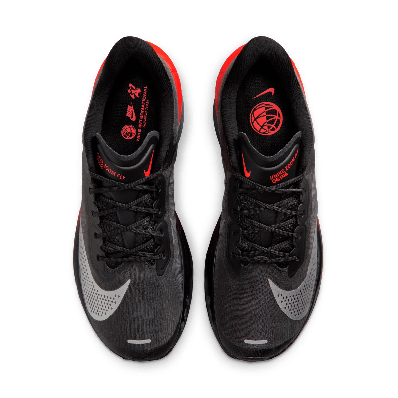 Men's Nike Zoom Fly 6 Running Shoes Black Metallic Silver Bright Crimson top view showing lightweight racing upper construction with breathable materials for tempo runs