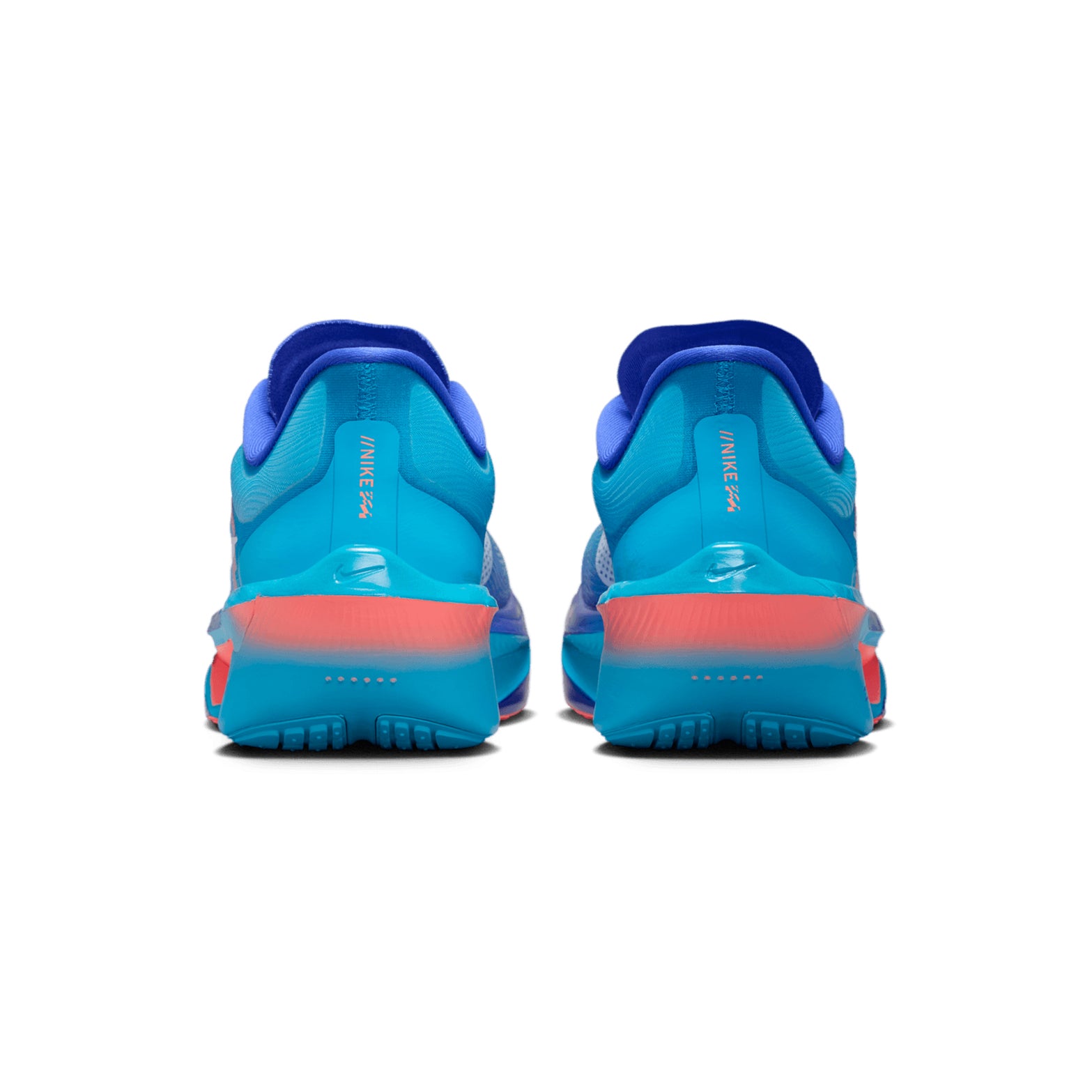 Men's Nike Zoom Fly 6 Running Shoes Racer Blue Blue Lightning Atomic Pink White heel view showing ReactX foam stack with full-length carbon fibre plate for racing and fast training