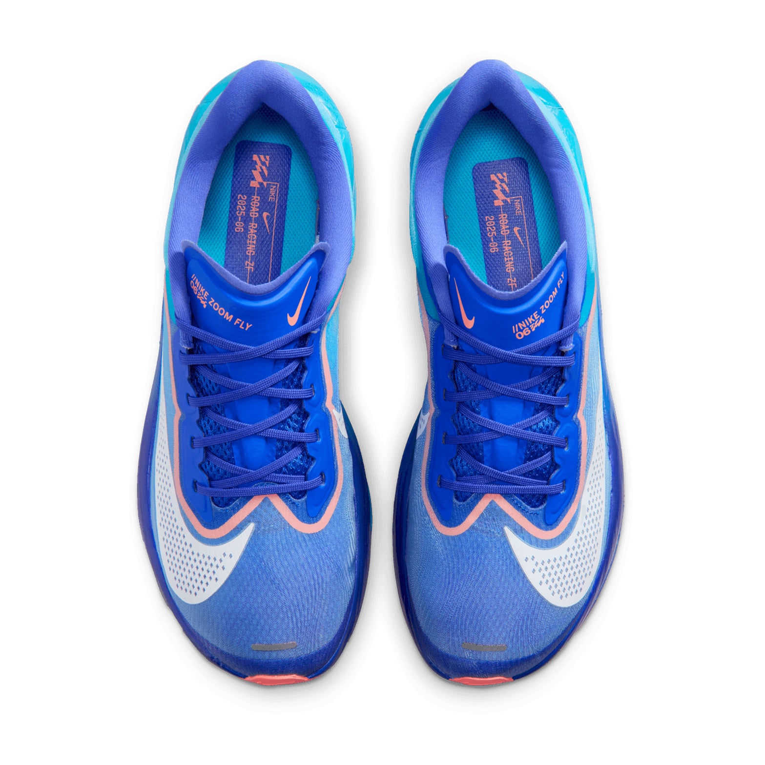 Men's Nike Zoom Fly 6 Running Shoes Racer Blue Blue Lightning Atomic Pink White top view showing lightweight breathable upper construction with carbon-plated racing design