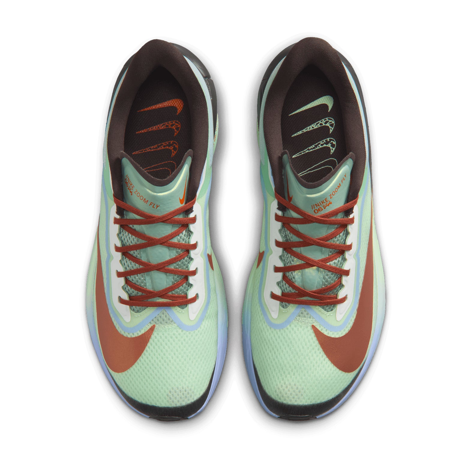 Nike Zoom Fly 6 men's running shoe in Steam / Frosted Spruce / Purple Fade / Rugged Orange — top-down view showing steam engineered mesh upper construction, lace closure and frosted spruce, purple fade and rugged orange accent detailing