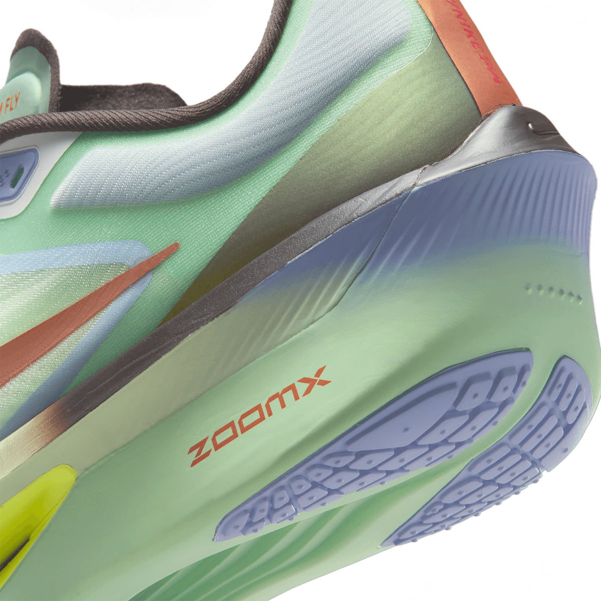 Nike Zoom Fly 6 men's running shoe in Steam / Frosted Spruce / Purple Fade / Rugged Orange — angled side view showing steam engineered mesh upper, responsive cushioning design and frosted spruce Zoom foam midsole stack with carbon plate propulsion
