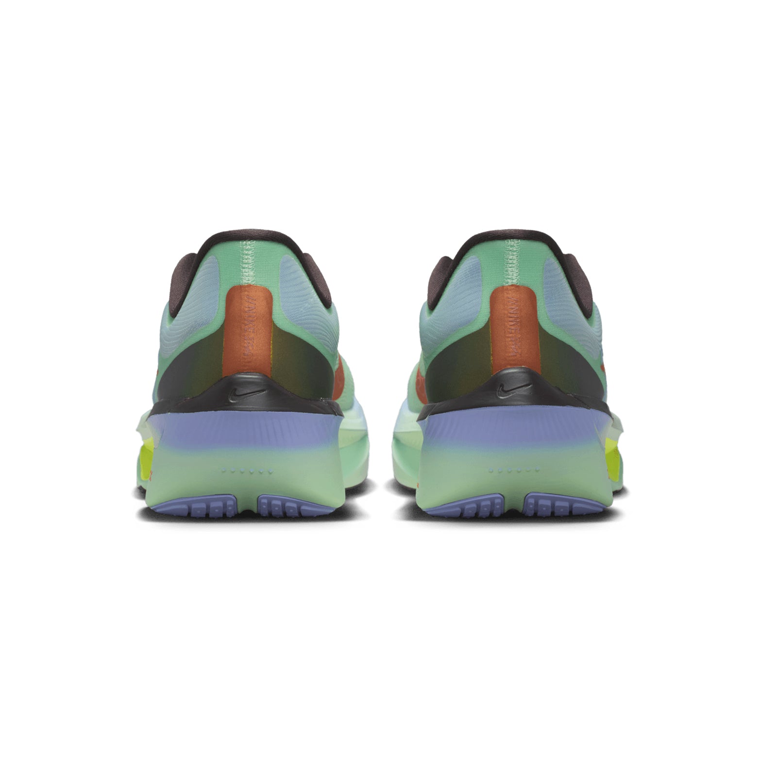 Nike Zoom Fly 6 men's running shoe in Steam / Frosted Spruce / Purple Fade / Rugged Orange — heel view showing structured support construction, purple fade heel detailing and frosted spruce Zoom foam midsole contrast