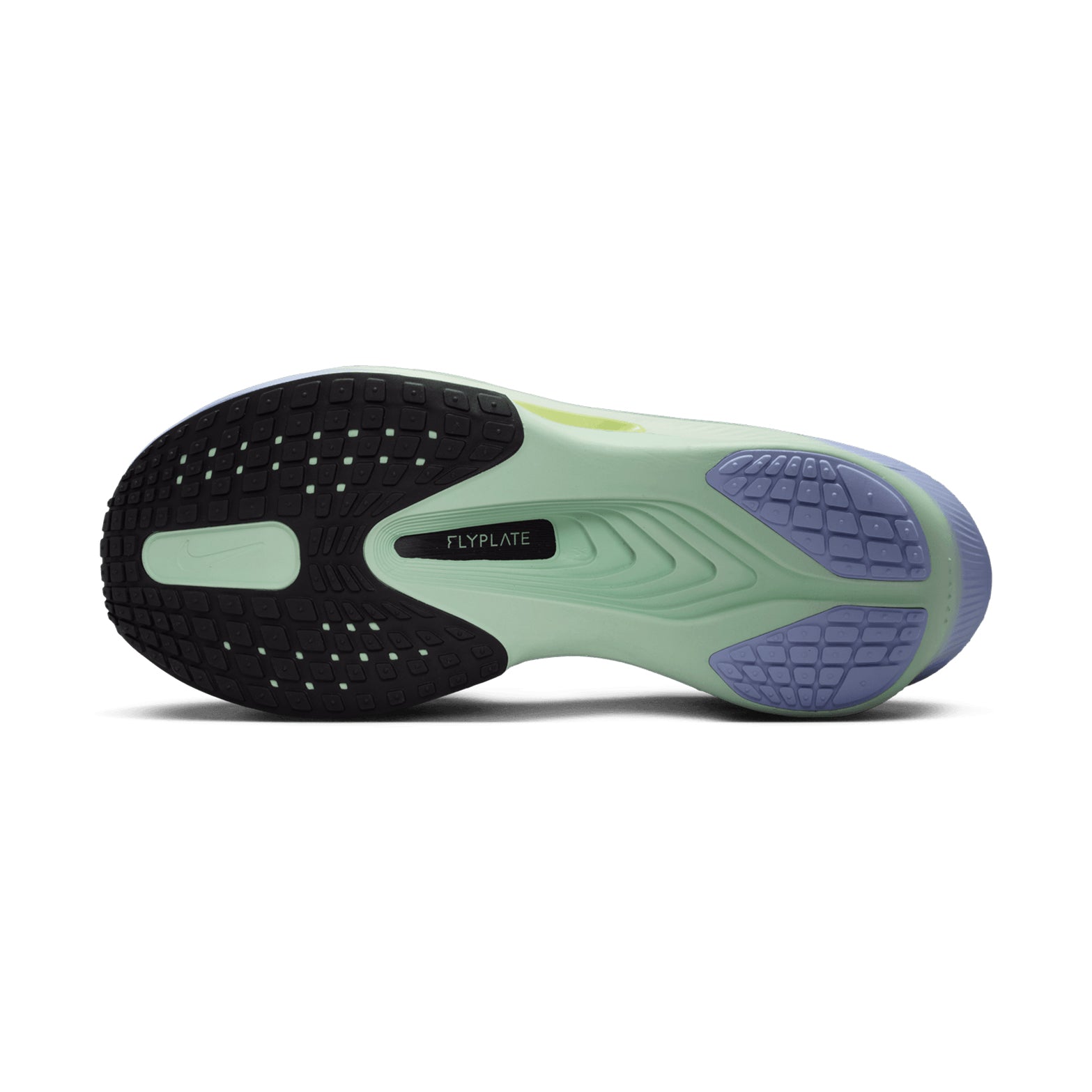Nike Zoom Fly 6 men's running shoe in Steam / Frosted Spruce / Purple Fade / Rugged Orange — outsole view showing durable rubber tread pattern and frosted spruce Zoom foam midsole stack profile with carbon plate geometry