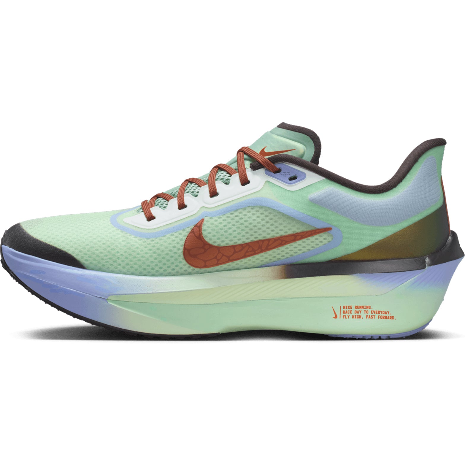 Nike Zoom Fly 6 men's running shoe in Steam / Frosted Spruce / Purple Fade / Rugged Orange — inner view showing steam engineered mesh upper, frosted spruce midsole detailing, responsive cushioning and Zoom foam construction with carbon plate support