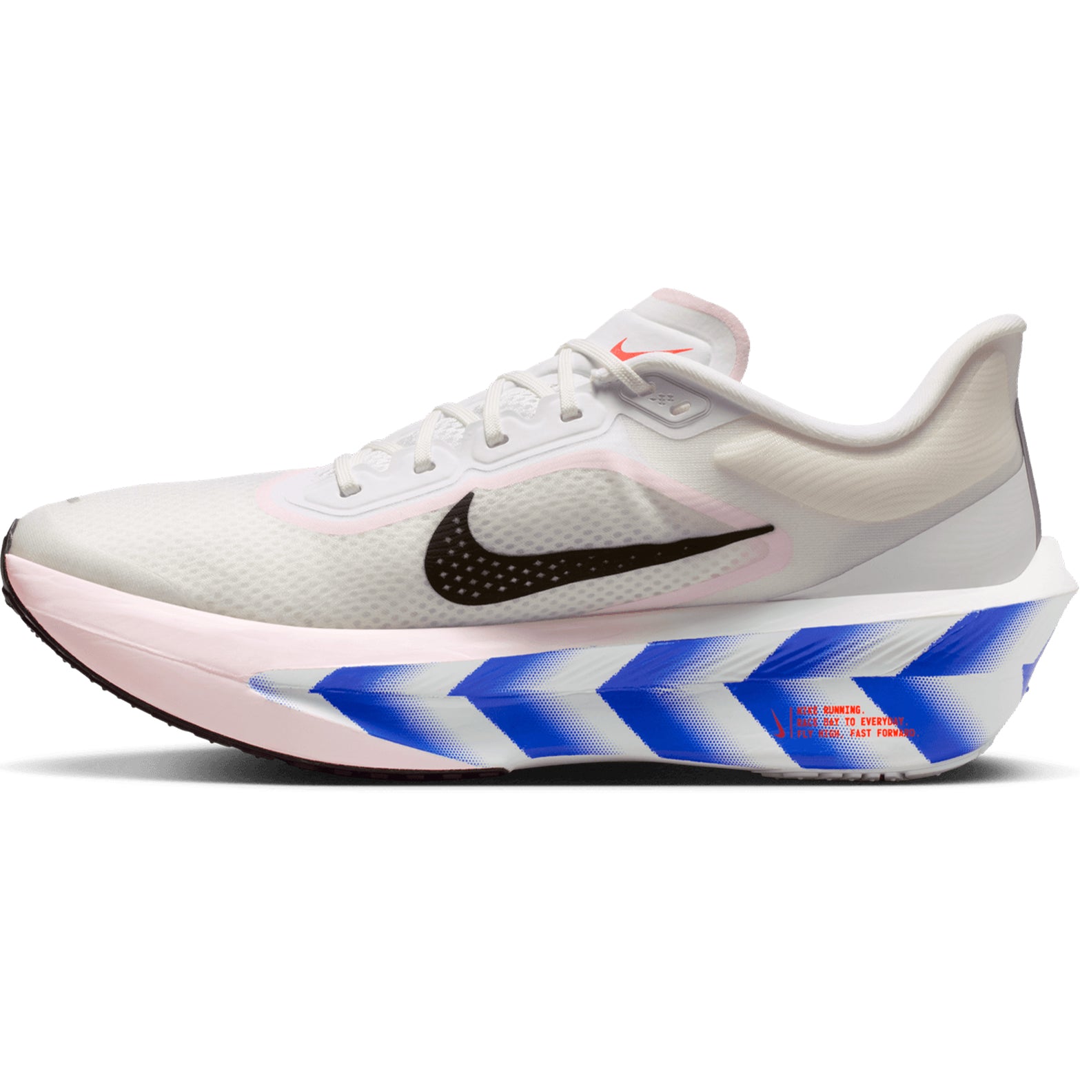 Nike Zoom Fly 6 men's running shoe in White / Silt Red / Racer Blue / Black — inner view showing white synthetic leather upper, racer blue midsole detailing and thin rubber outsole construction