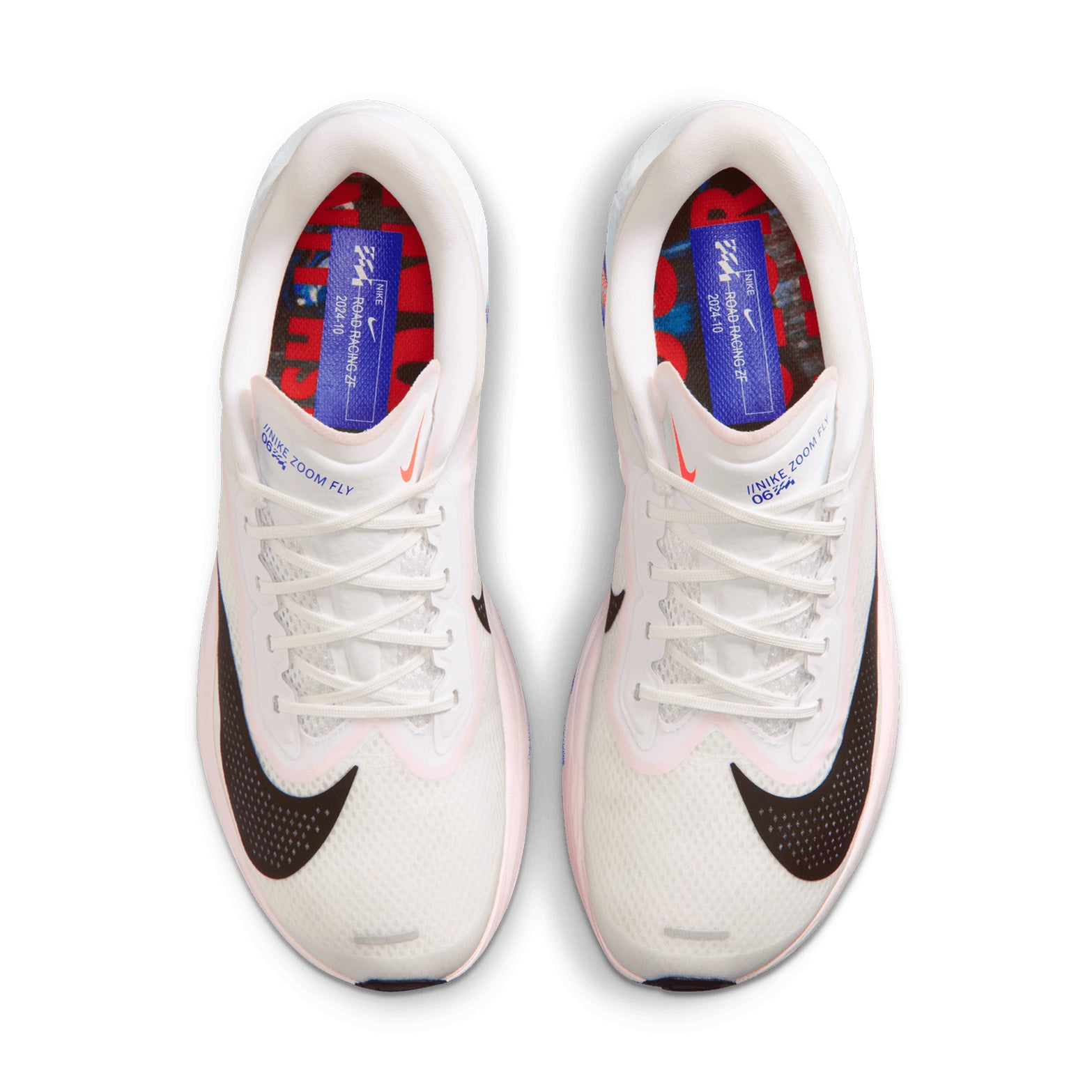 Nike Zoom Fly 6 men's running shoe in White / Silt Red / Racer Blue / Black — top-down view showing white synthetic leather upper construction, lace closure and silt red and racer blue accent detailing