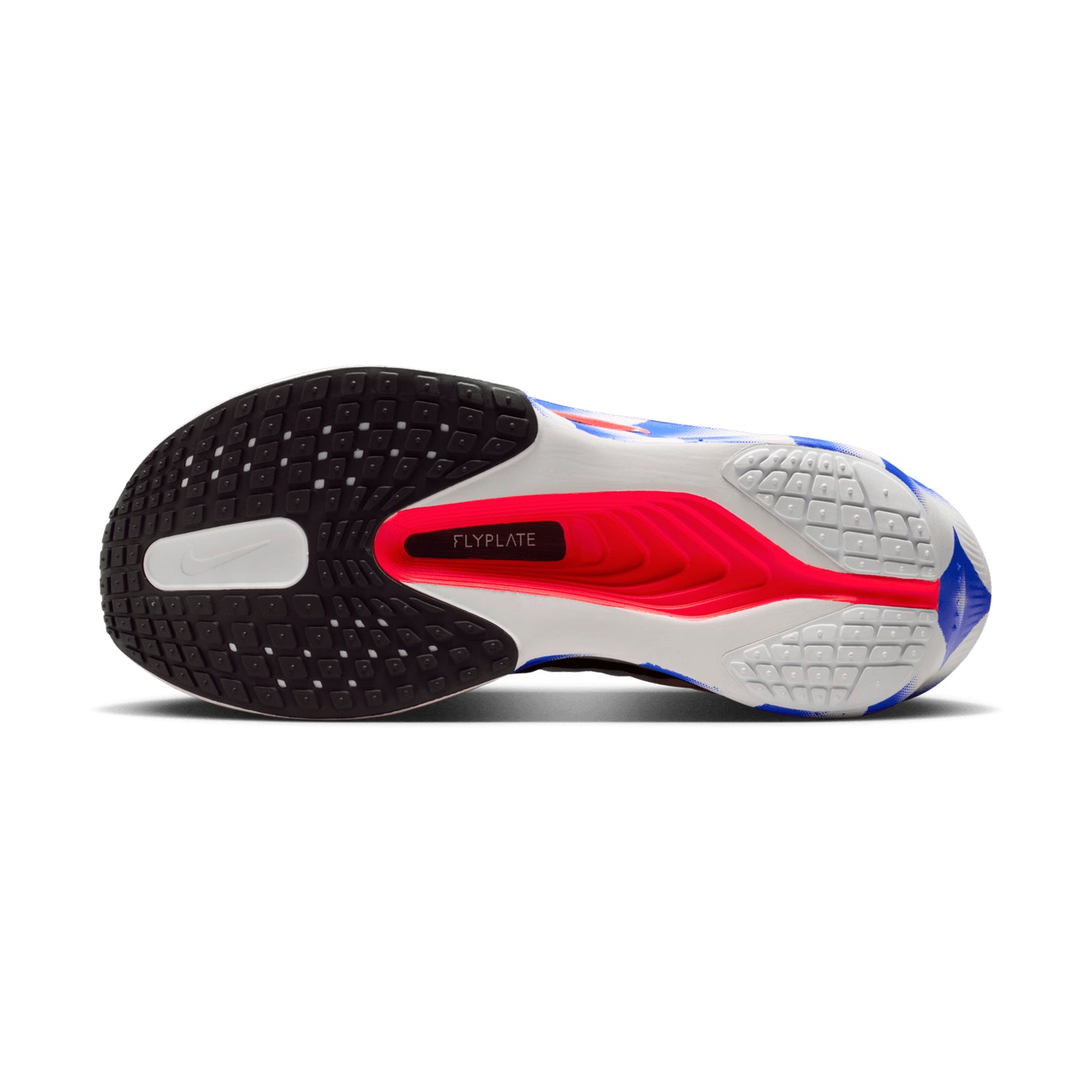 Nike Zoom Fly 6 men's running shoe in White / Silt Red / Racer Blue / Black — outsole view showing thin rubber road traction pattern and racer blue ZoomX foam midsole stack with carbon fibre plate profile