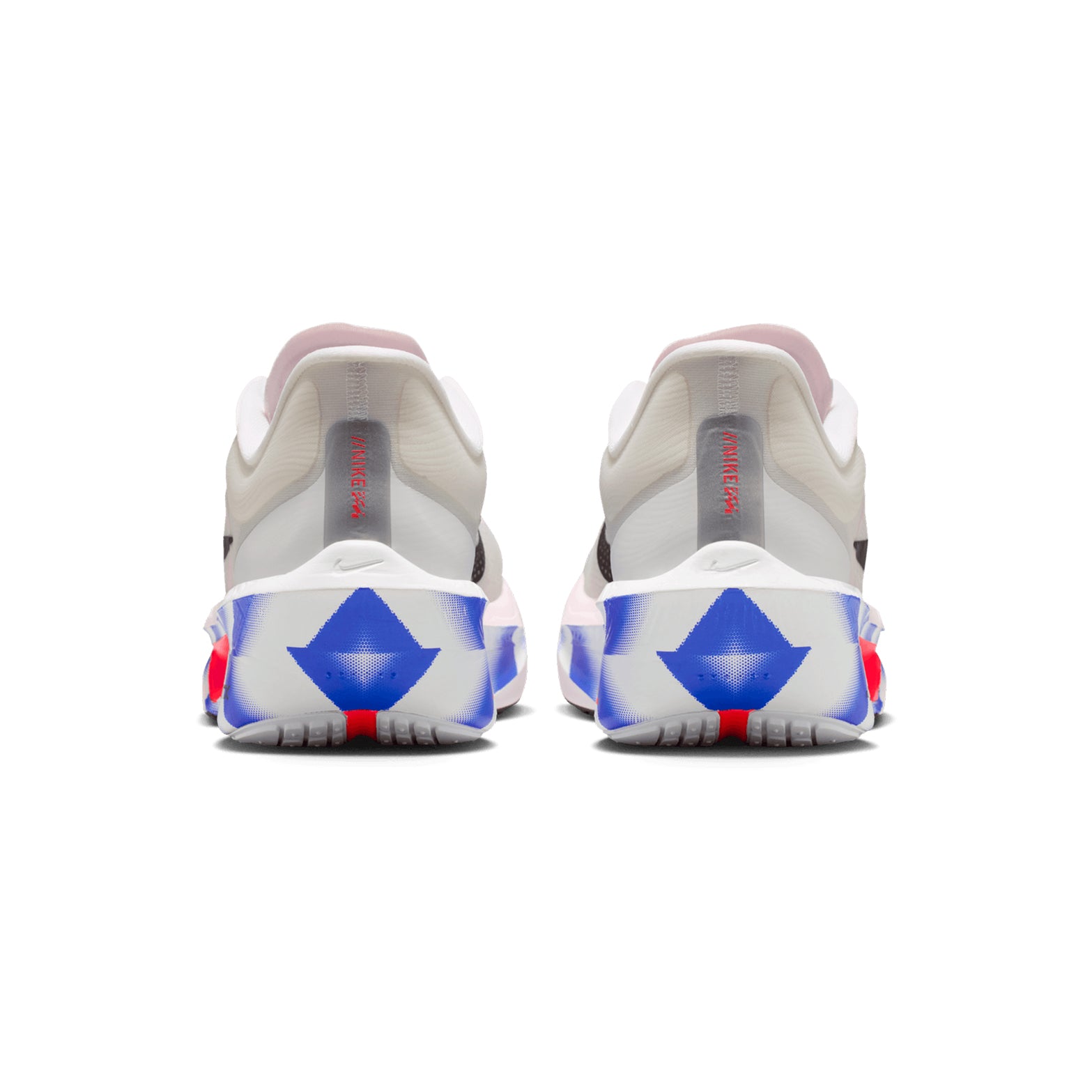 Nike Zoom Fly 6 men's running shoe in White / Silt Red / Racer Blue / Black — heel view showing heel construction, black detailing and ZoomX foam midsole contrast with carbon fibre plate profile