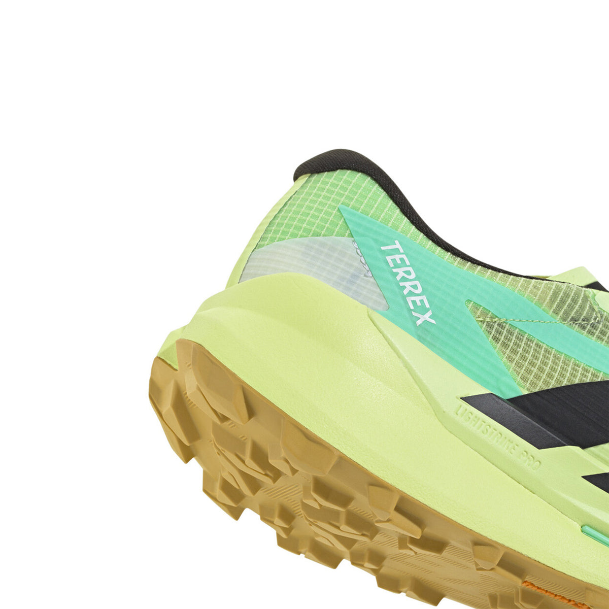 Men's adidas Terrex Agravic TT Trail Running Shoes Frozen Lemon Core Black Pulse Mint angled side and heel view showing LIGHTSTRIKE PRO responsive cushioning with durable reinforced mesh and trail-gripping outsole for fast racing on technical rocky terrain