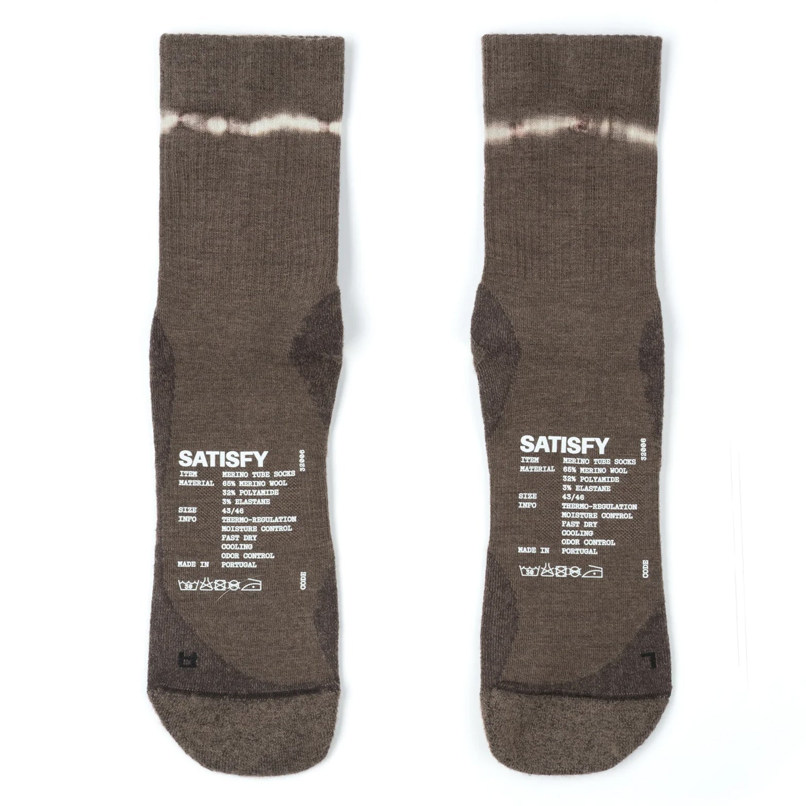 Satisfy Merino Nylon Tube Socks in Tie-Dye Falcon — front product shot showing tube sock silhouette, tie-dye falcon colourway and rib-knit merino nylon blend construction
