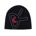 District Vision Merino Wool Beanie Black / Red in black merino wool featuring a stylized grey outline logo and a red crescent shape.