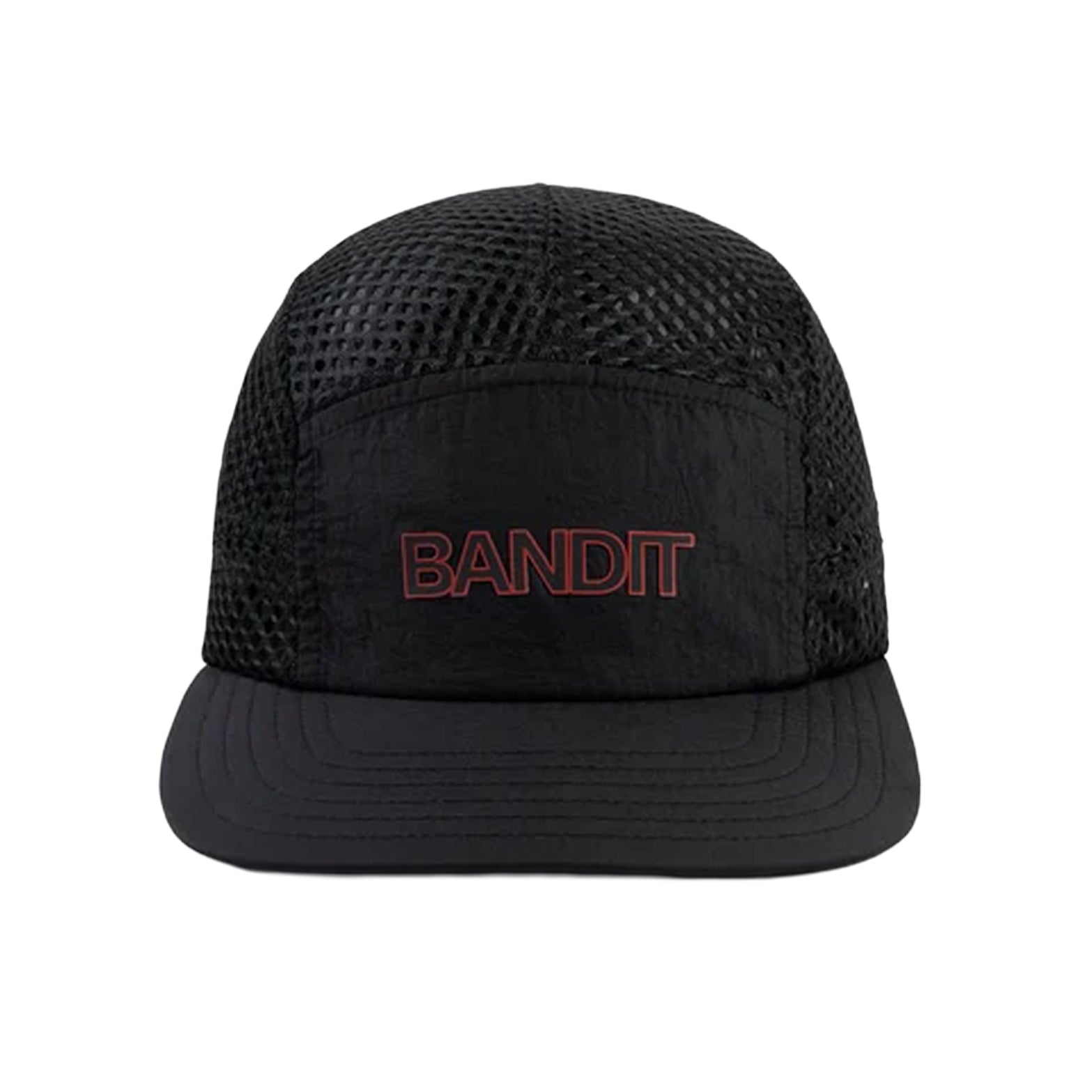 Bandit Mesh HumoFit Run Hat Black front view showing mesh construction with printed Bandit logo and branded taping detail