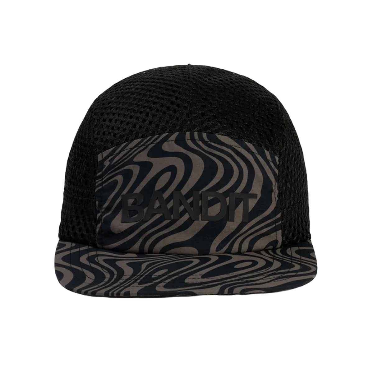 A black Bandit Mesh Run Hat Cocoa / Black featuring a dark brown and black wavy pattern on the front panel and brim, with the word BANDIT embossed across the center.