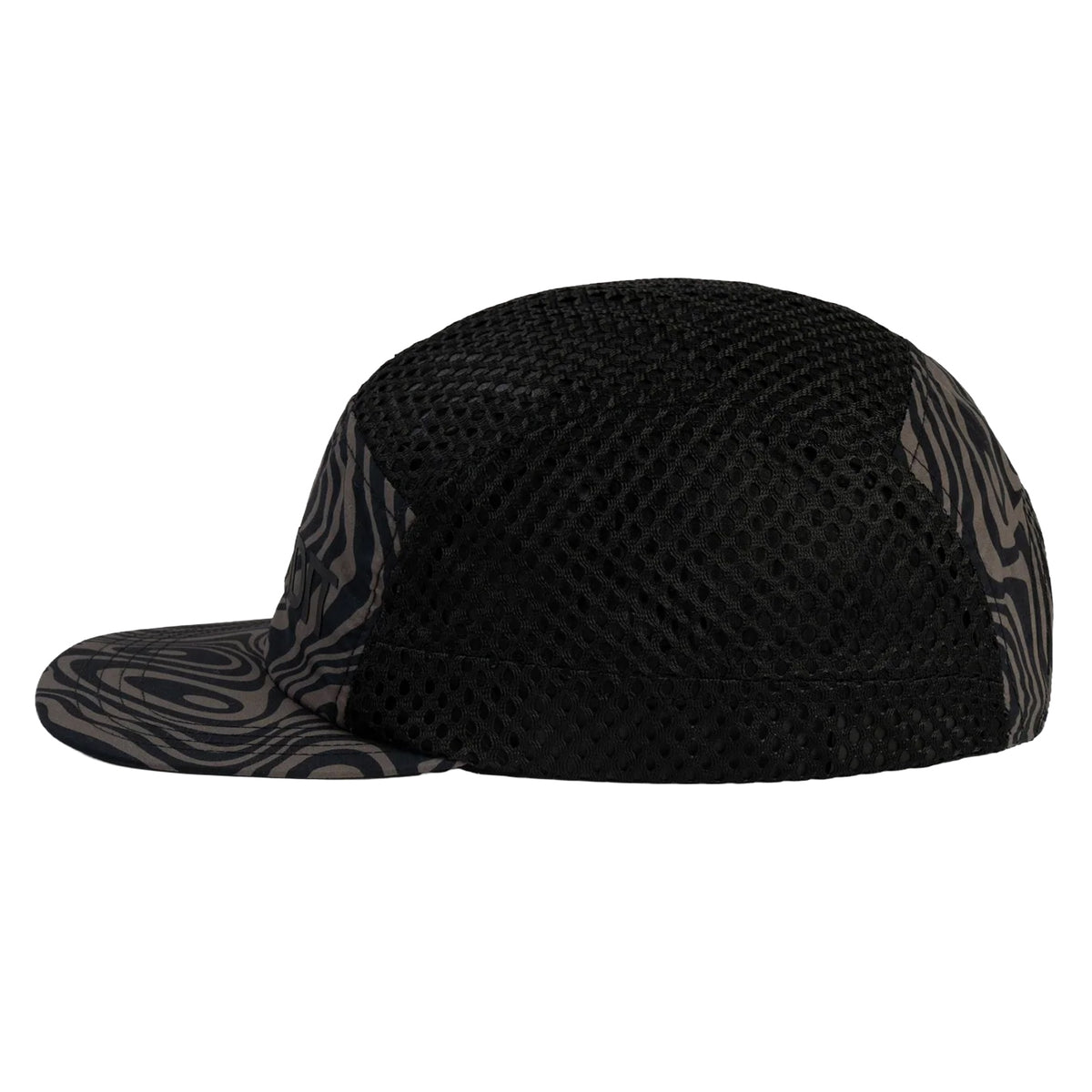 A Bandit Mesh Run Hat Cocoa / Black featuring black mesh side panels and a dark brown and black topographical pattern on the brim and front for a breathable, custom fit.