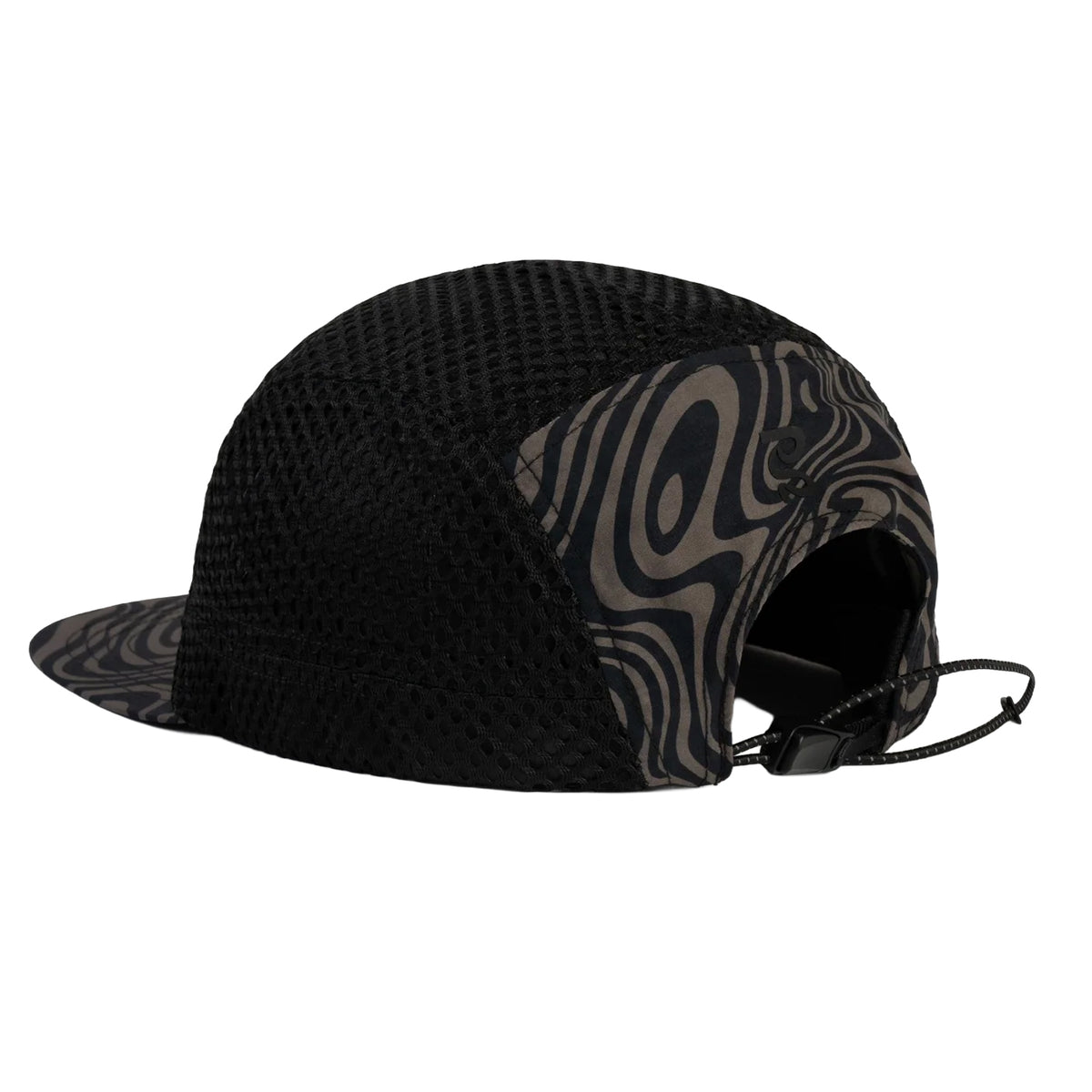 Back view of a black Bandit Mesh Run Hat Cocoa / Black featuring brown topographic-style patterns on the side panels and an adjustable bungee cord closure for a breathable, custom fit.