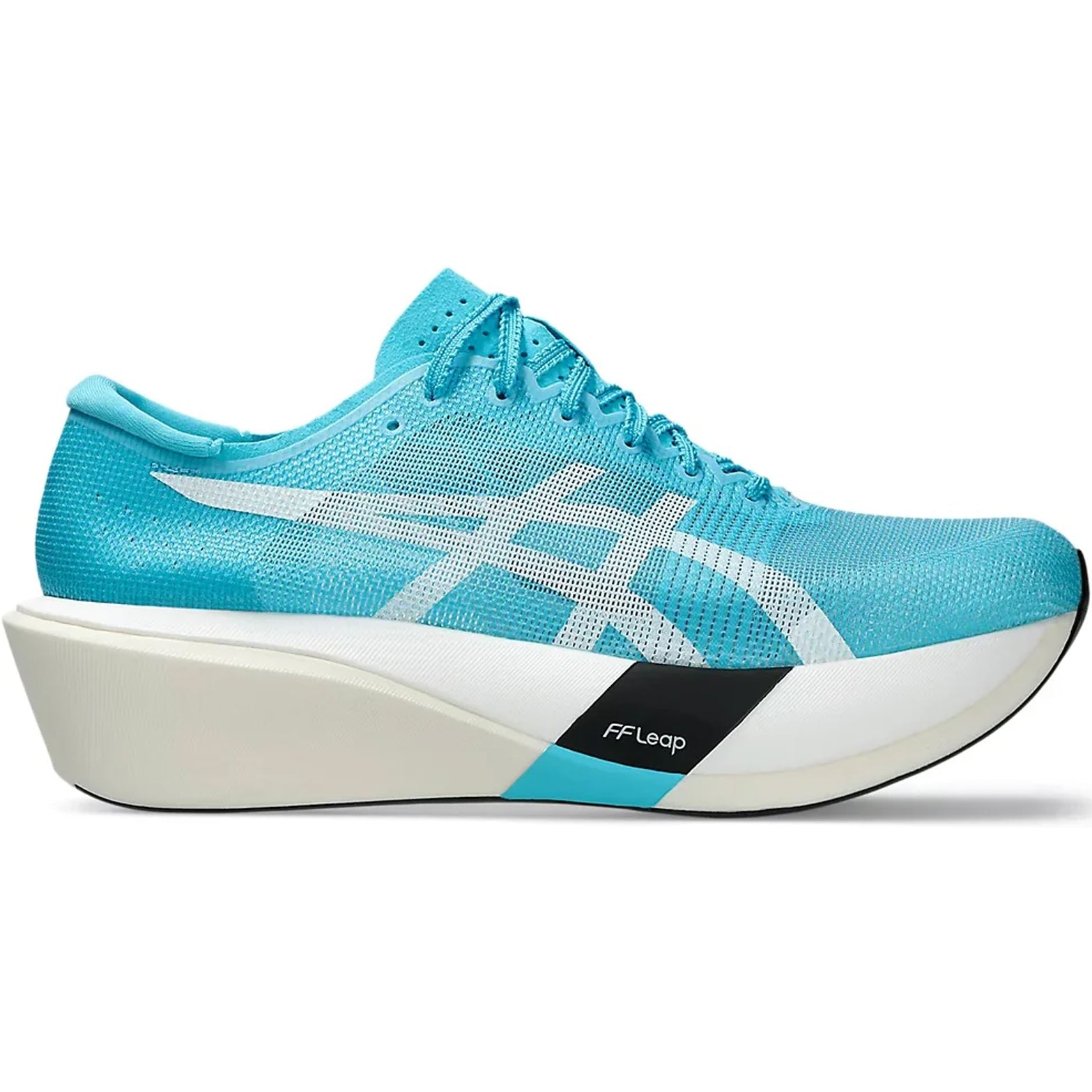 ASICS Metaspeed Edge Tokyo Running Shoes Aquarium White outer side view showing dual-layer FF LEAP and FF TURBO PLUS foam with carbon plate for cadence-style elite marathon racing