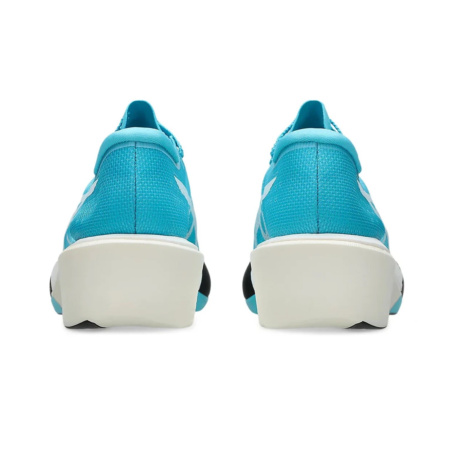 ASICS Metaspeed Edge Tokyo Running Shoes Aquarium White heel view showing FF TURBO PLUS bottom layer with FF LEAP foam and carbon plate for stable mid-stance heel support during elite racing