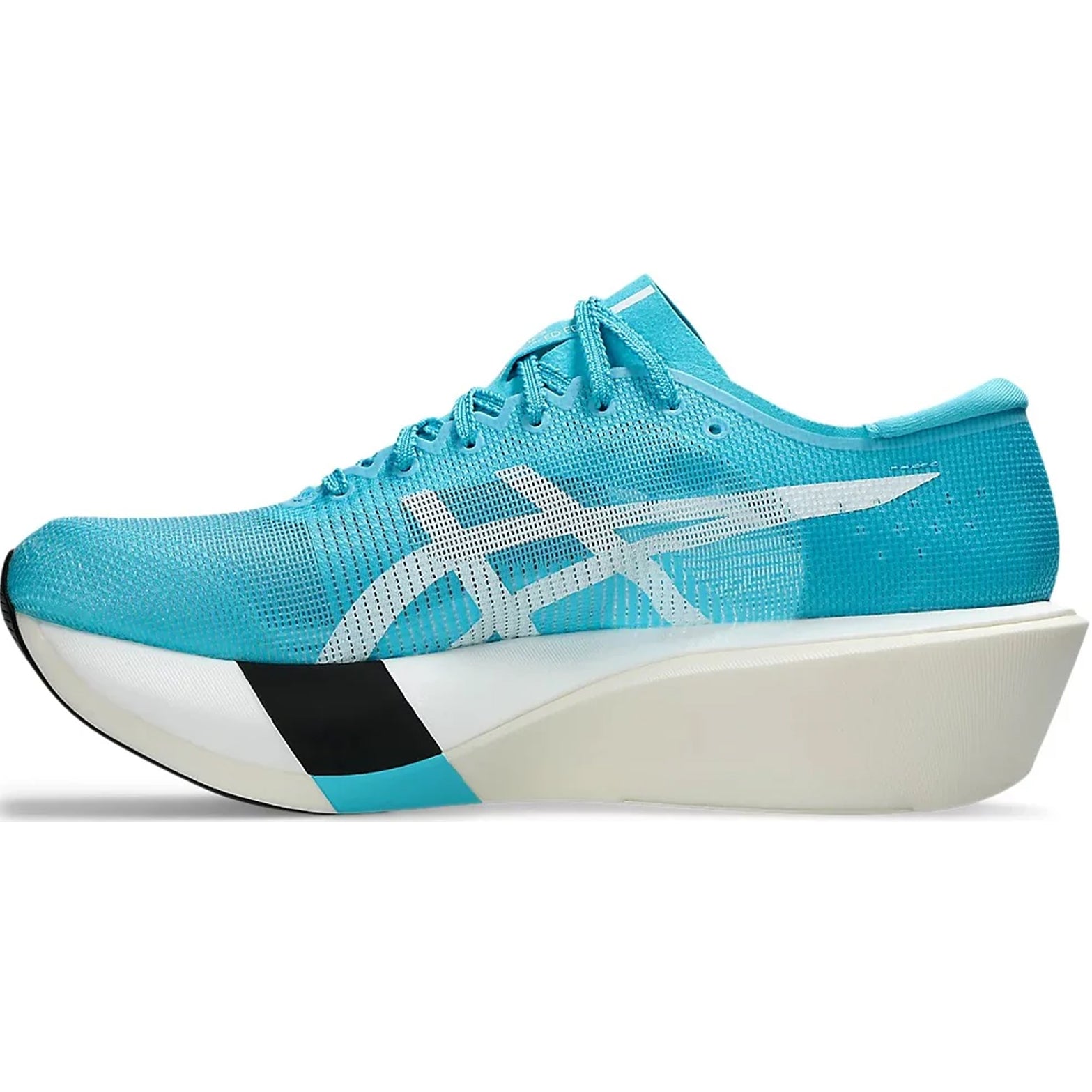 ASICS Metaspeed Edge Tokyo Running Shoes Aquarium White inner side view showing FF LEAP top layer with FF TURBO PLUS cushioning and carbon plate for stable energy-conserving race day performance