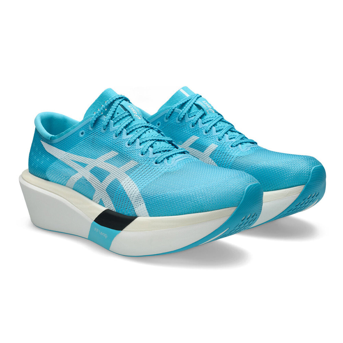 ASICS Metaspeed Sky Tokyo Running Shoes Aquarium White angled side view of pair showing dual-layer FF LEAP and FF TURBO PLUS foam with strategic plate positioning and thicker toe midsole for elite stride-style marathon racing