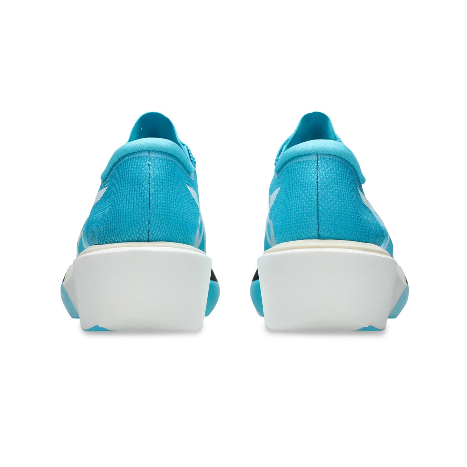 ASICS Metaspeed Sky Tokyo Running Shoes Aquarium White heel view showing dual-layer FF LEAP and FF TURBO PLUS foam with 5mm drop for stride-style elite marathon racing