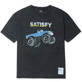 Satisfy MothTech Tee Aged Black front product view showing 175-gram organic cotton from Portugal with precision laser-cut perforation and SATISFY logo in puffy ink