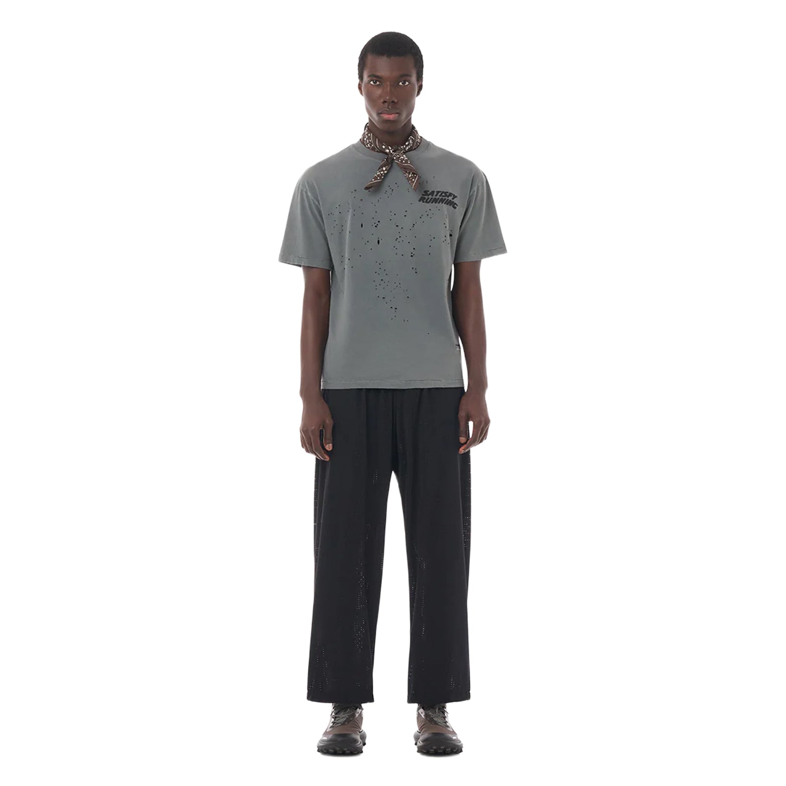 Satisfy MothTech Tee Faded Black full body front view on male runner showing soft weathered organic cotton with laser-cut hand-opened ventilation holes