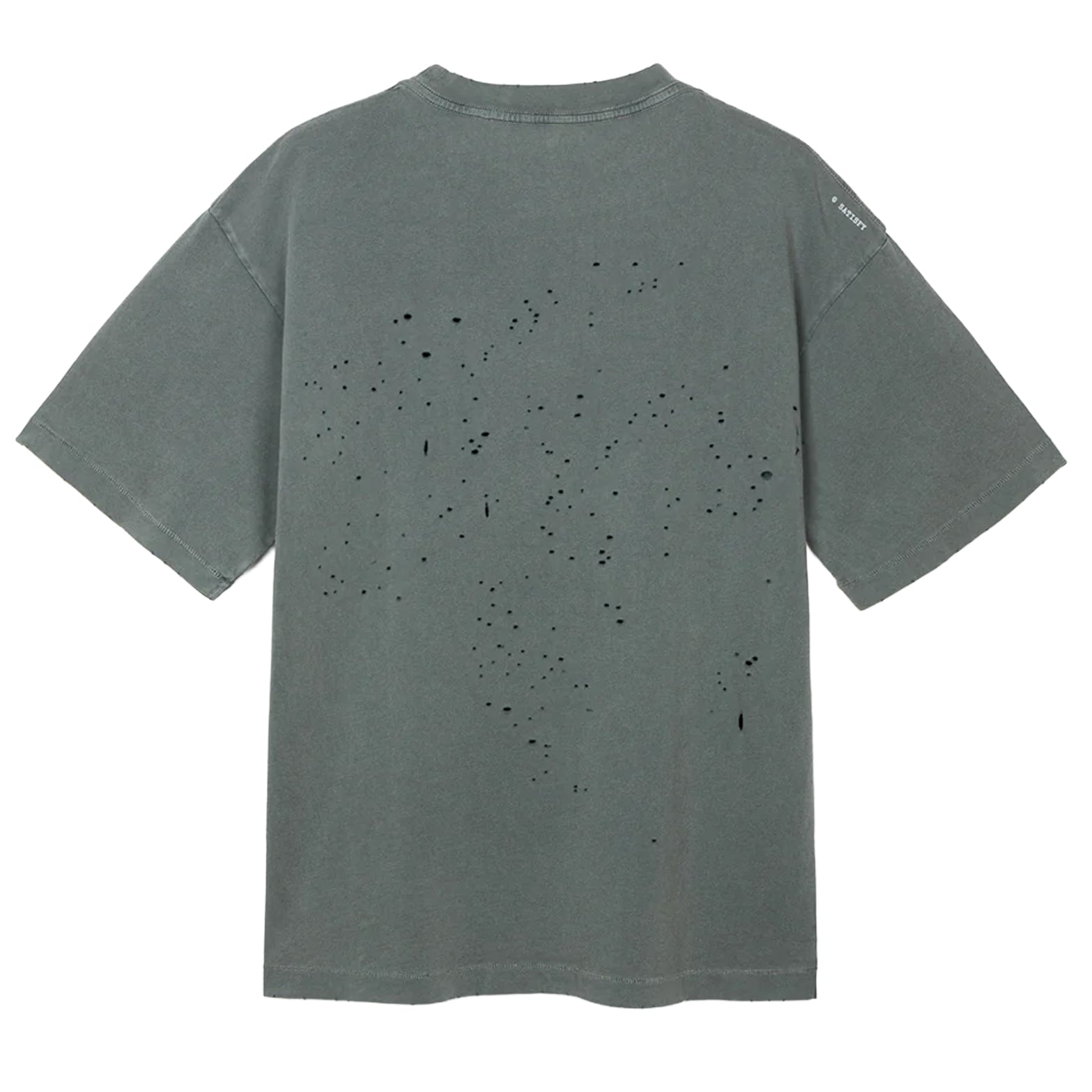 Satisfy MothTech Tee Faded Black back view showing MothTech precision-perforated construction with stealth-reflective logo and mapped ventilation pattern