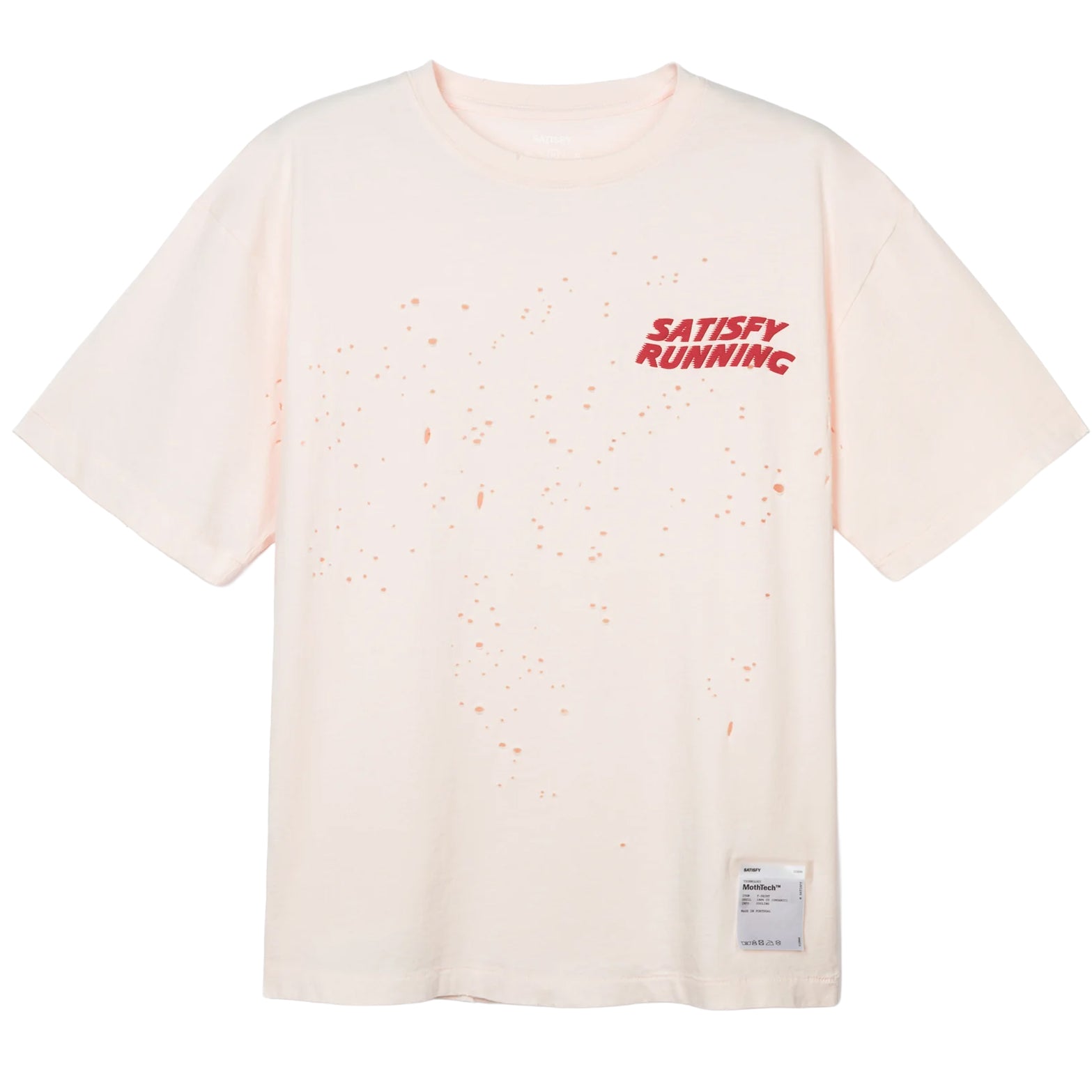 Satisfy MothTech Tee Sun Bleach Sand front product view showing 175-gram organic cotton from Portugal with precision laser-cut perforation and SATISFY logo in puffy ink