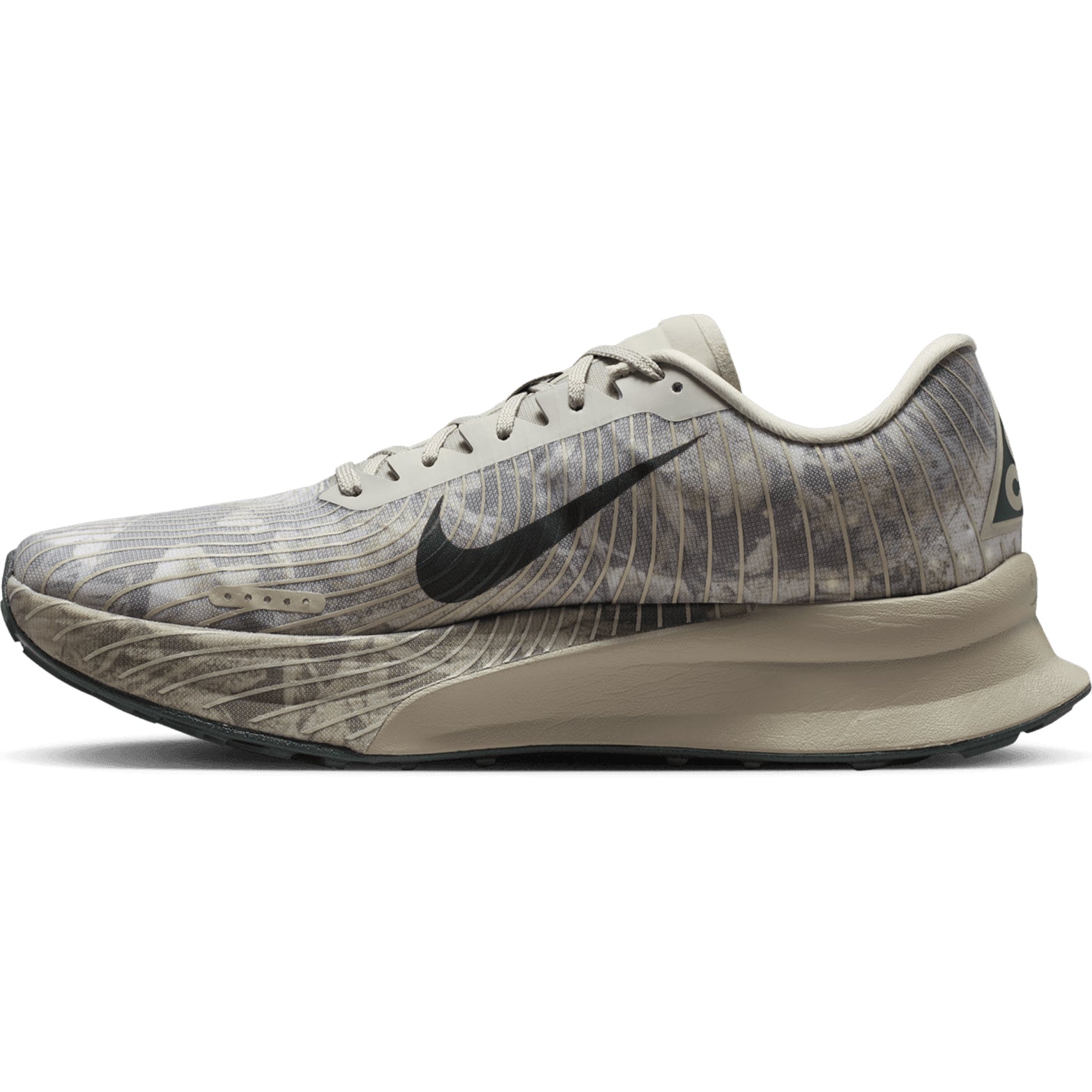 Nike ACG Ultrafly Trail Racing Shoes Spruce Fog Sea Glass Black Spruce inner side view showing ZoomX foam with unwrapped heel construction and softer carbon plate for responsive controlled technical trail racing