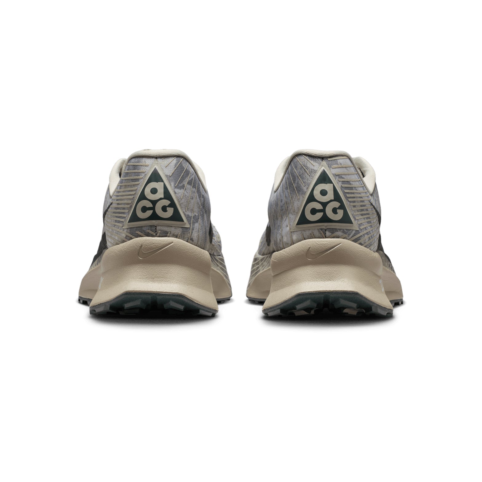 Nike ACG Ultrafly Trail Racing Shoes Spruce Fog Sea Glass Black Spruce heel view showing unwrapped ZoomX foam with full-length carbon plate and Vibram Megagrip for responsive cushioned trail racing