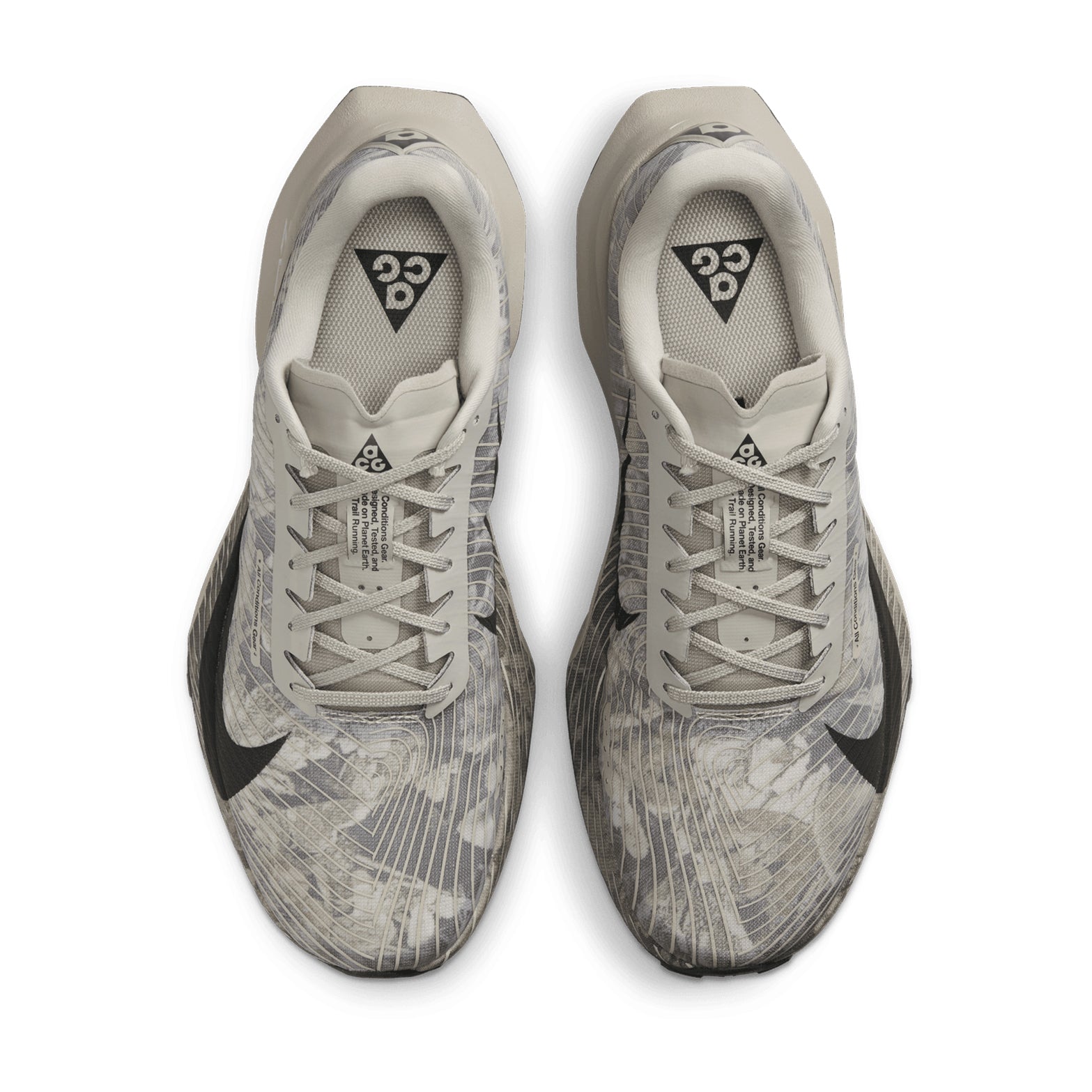 Nike ACG Ultrafly Trail Racing Shoes Spruce Fog Sea Glass Black Spruce top view showing lightweight water-drainage upper with breathable durable construction for wet technical trail racing