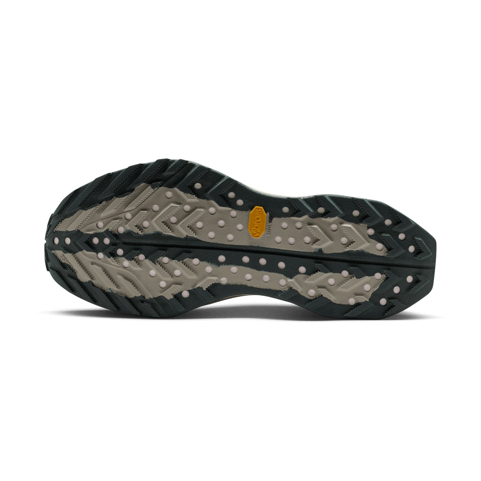 Nike ACG Ultrafly Trail Racing Shoes Spruce Fog Sea Glass Black Spruce sole view displaying Vibram Megagrip outsole for enhanced grip and durability on wet technical trail terrain