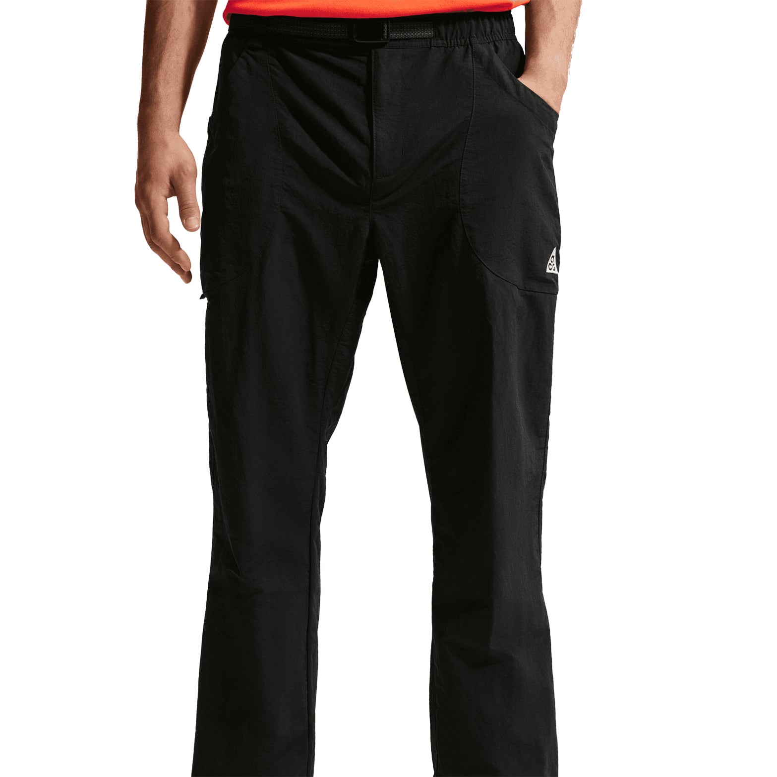 Nike Men's ACG Dolomiti Trousers Black Summit White front view on male model showing loose fit with elastic waistband and belt