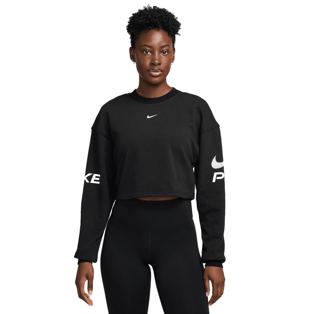 Nike Women's Pro Dri-FIT Loose French Terry Crew Neck Sweatshirt Black / White - Achilles Heel