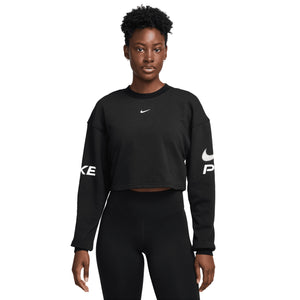 Nike Women's Pro Dri-FIT Loose French Terry Crew Neck Sweatshirt Black / White - Achilles Heel