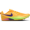 Introducing the Nike Zoom Rival XC 7 Running Spikes in Citron Pulse, Indigo Burst, and Blue Void. These cross-country spikes stand out with a vibrant orange upper accented by a purple Nike logo, a green midsole, neon yellow heel, and an aggressive spike plate on the forefoot for superior traction. Crafted from breathable mesh for maximum comfort, the Zoom Rival XC 7 is engineered to deliver top performance in track and field running competitions.