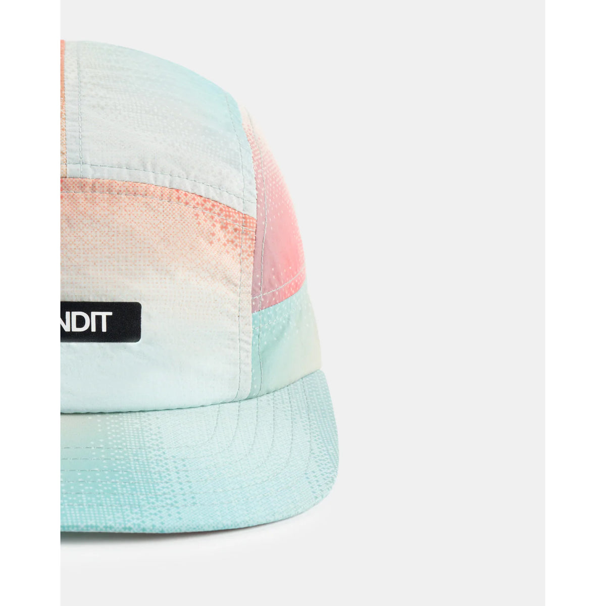 Bandit Nylon HumoFit Run Hat Poppy Multi close-up of front showing printed Bandit logo with silky nylon construction and branded taping detail
