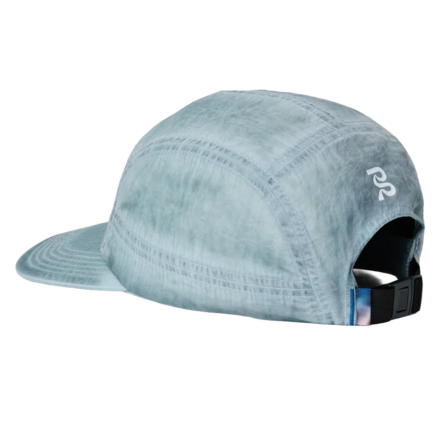 Bandit Nylon HumoFit Run Hat in Tranquil Blue — back product shot showing adjustable back buckle, seasonal printed woven tab, printed logo and tranquil blue colourway